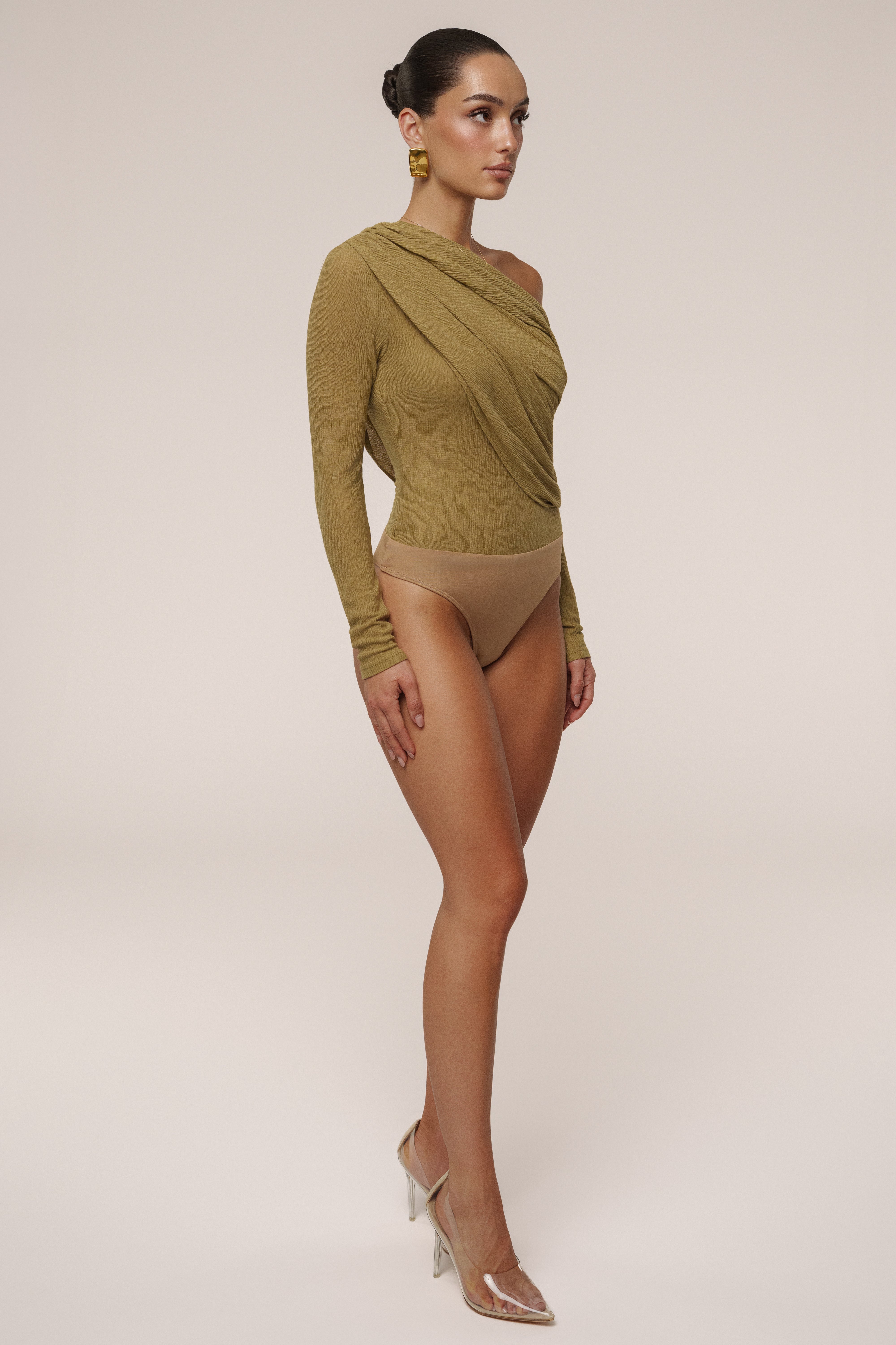 Moss Textured One Shoulder Bodysuit - JLUXLABEL