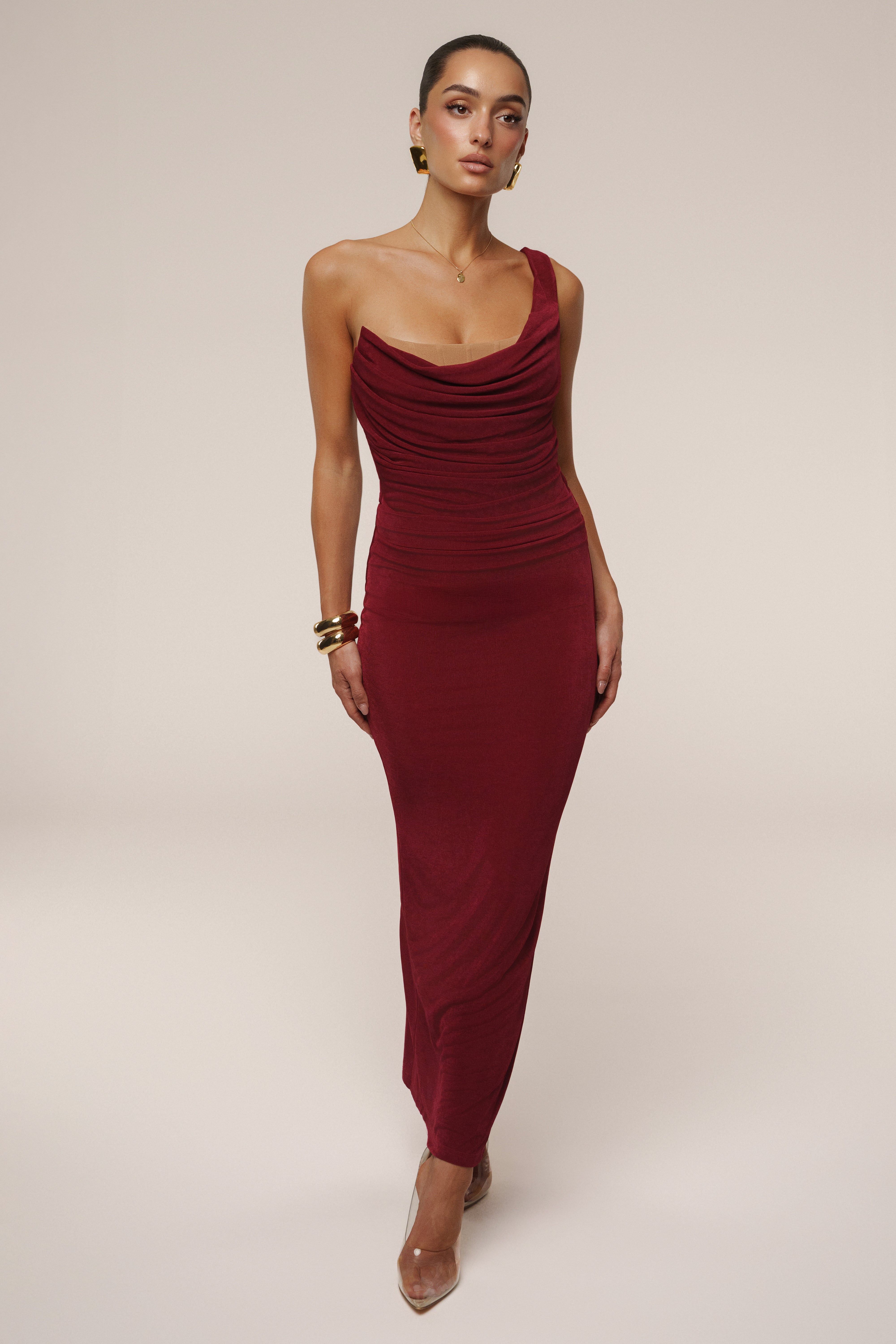 Burgundy Slinky Krishna One Shoulder Maxi Dress - JLUXLABEL