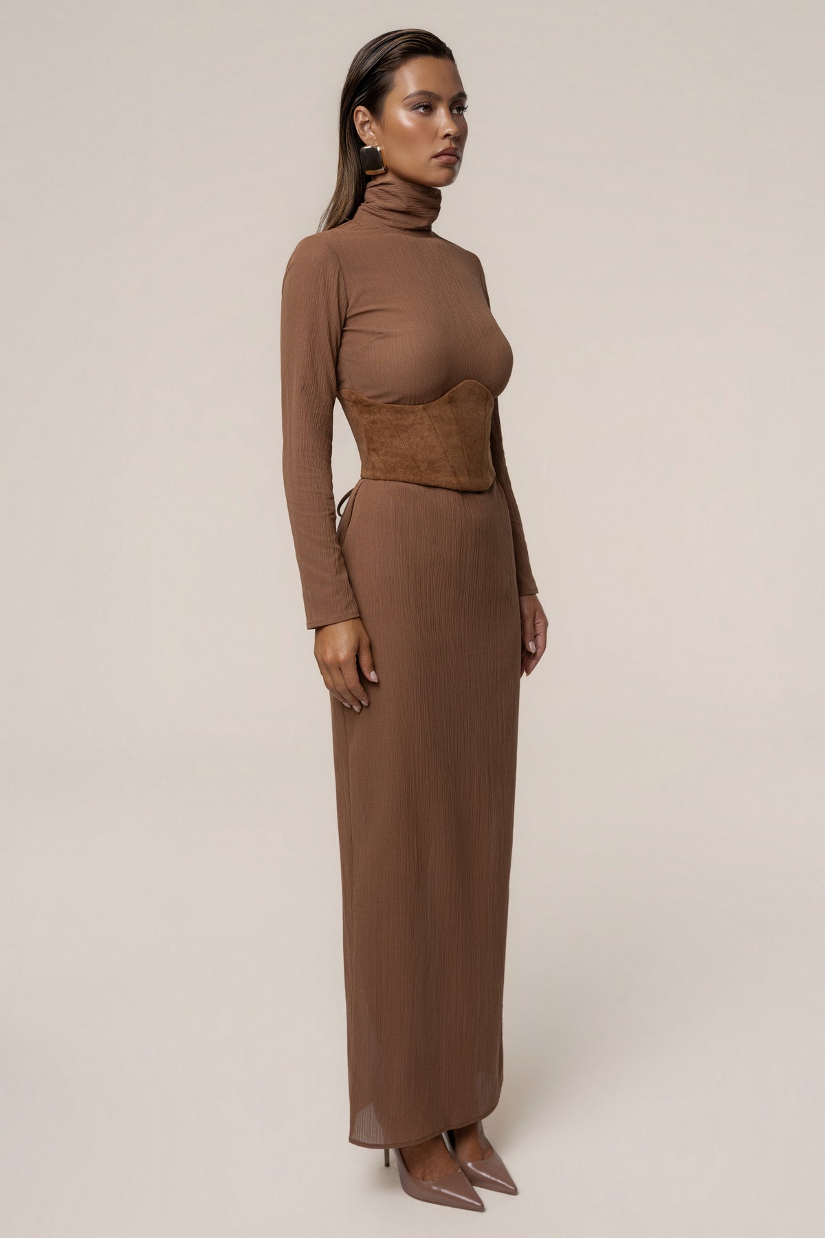 Pecan Hourglass Suede Maxi Dress