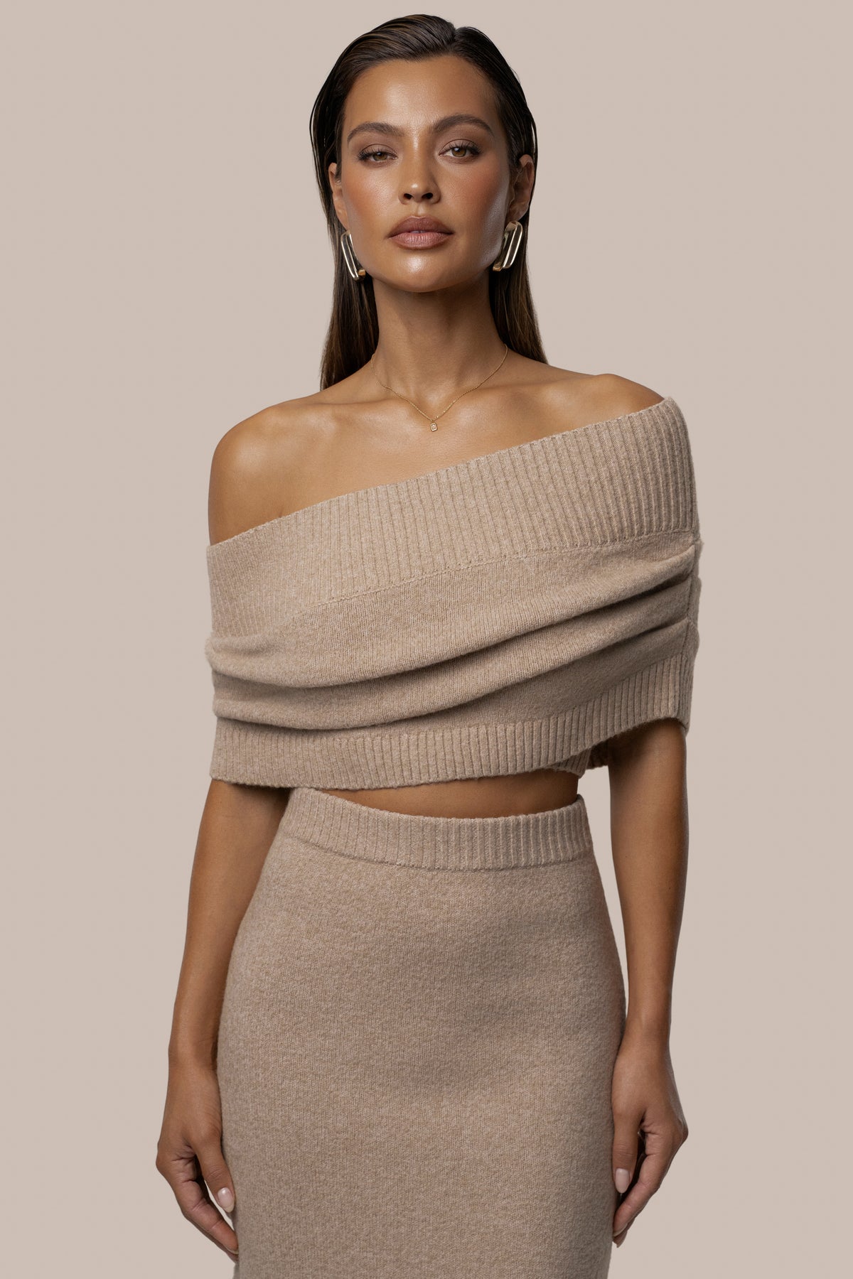 Heather Beige Raven Knit Skirt Set - JLUXLABEL
