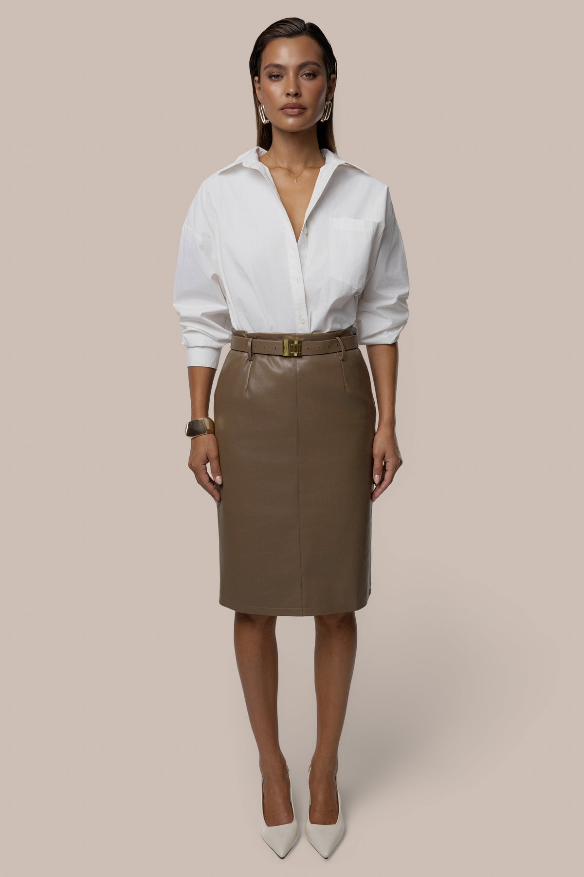 Taupe Belted Gia Midi Skirt - JLUXLABEL