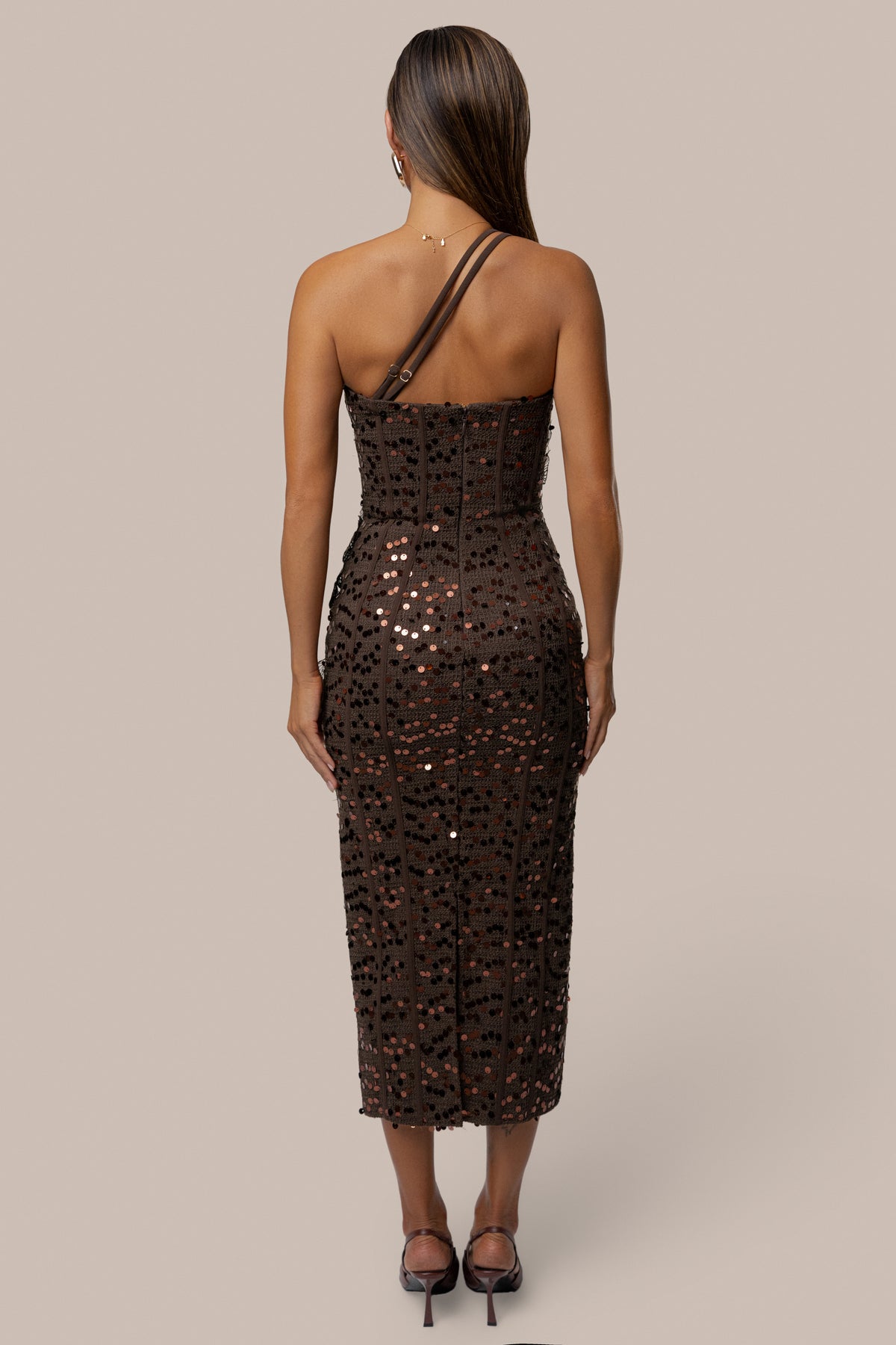 Brown Veil Of Petals Midi Dress - JLUXLABEL