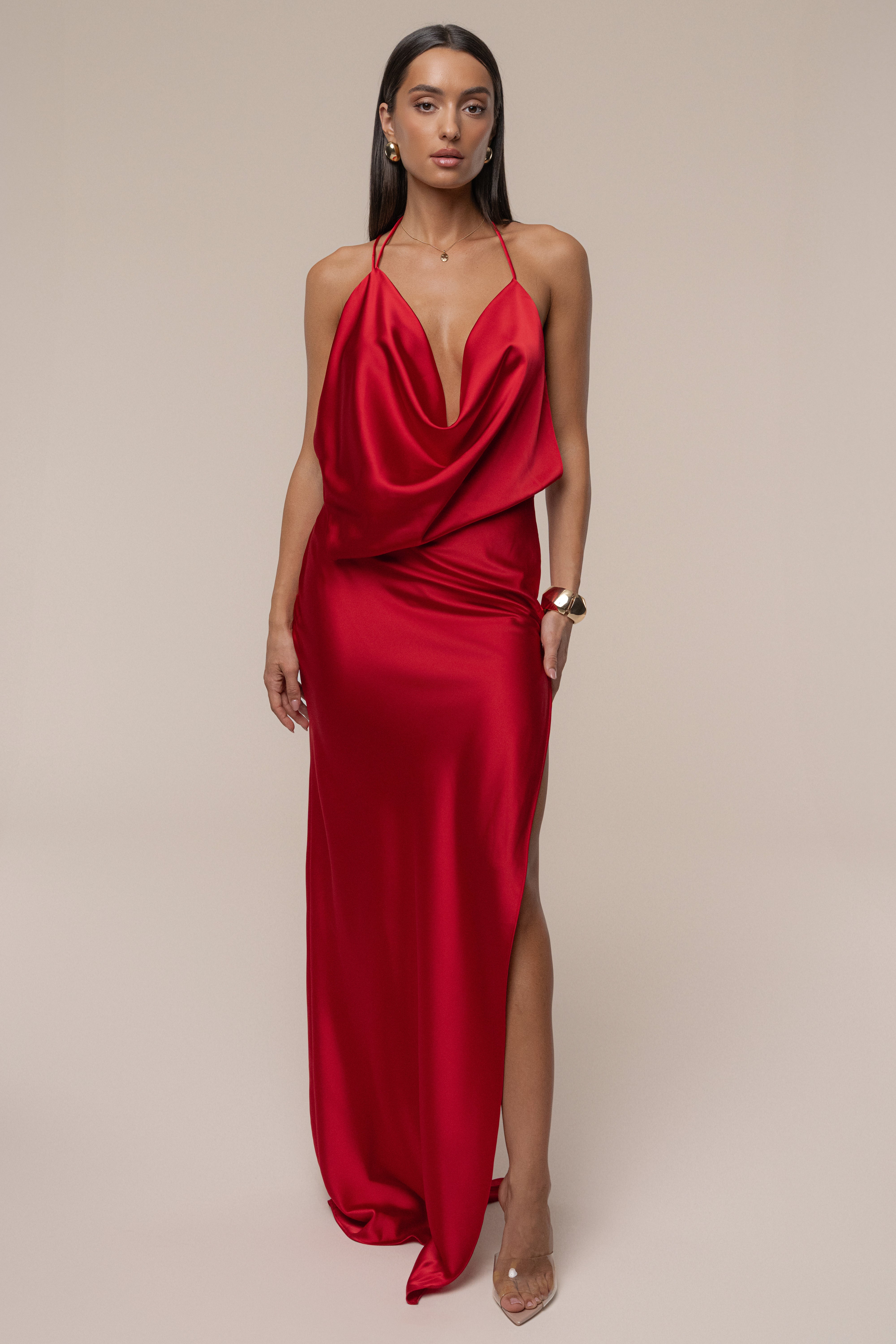 Red Delmara Cowl Maxi Dress - JLUXLABEL