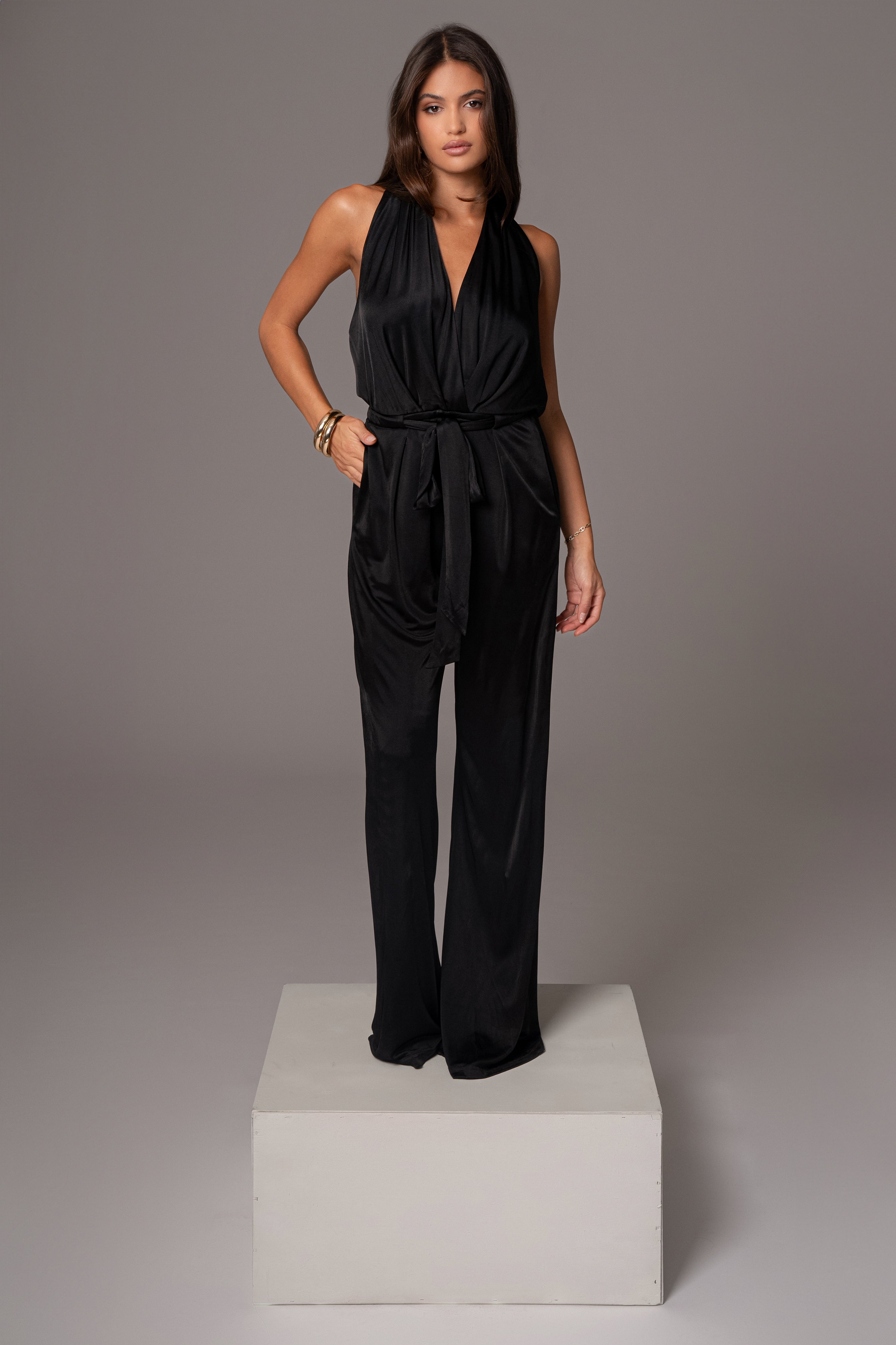 Black Slinky Halter Belted Jumpsuit - JLUXLABEL