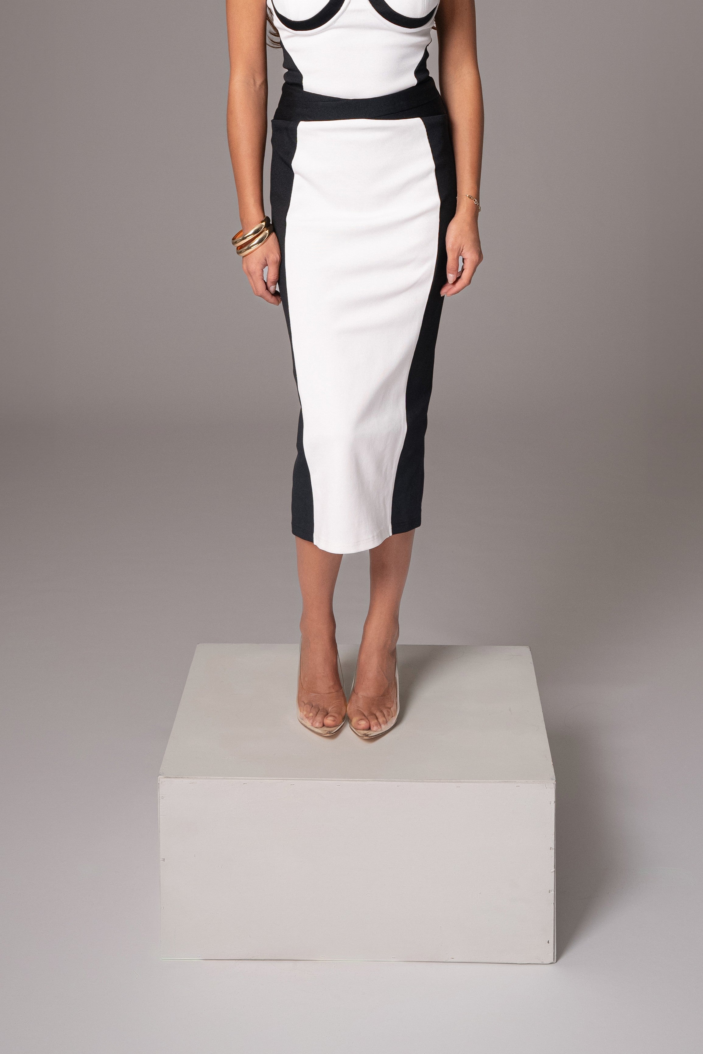 Black/White Celebration Colorblock Midi Skirt - JLUXLABEL