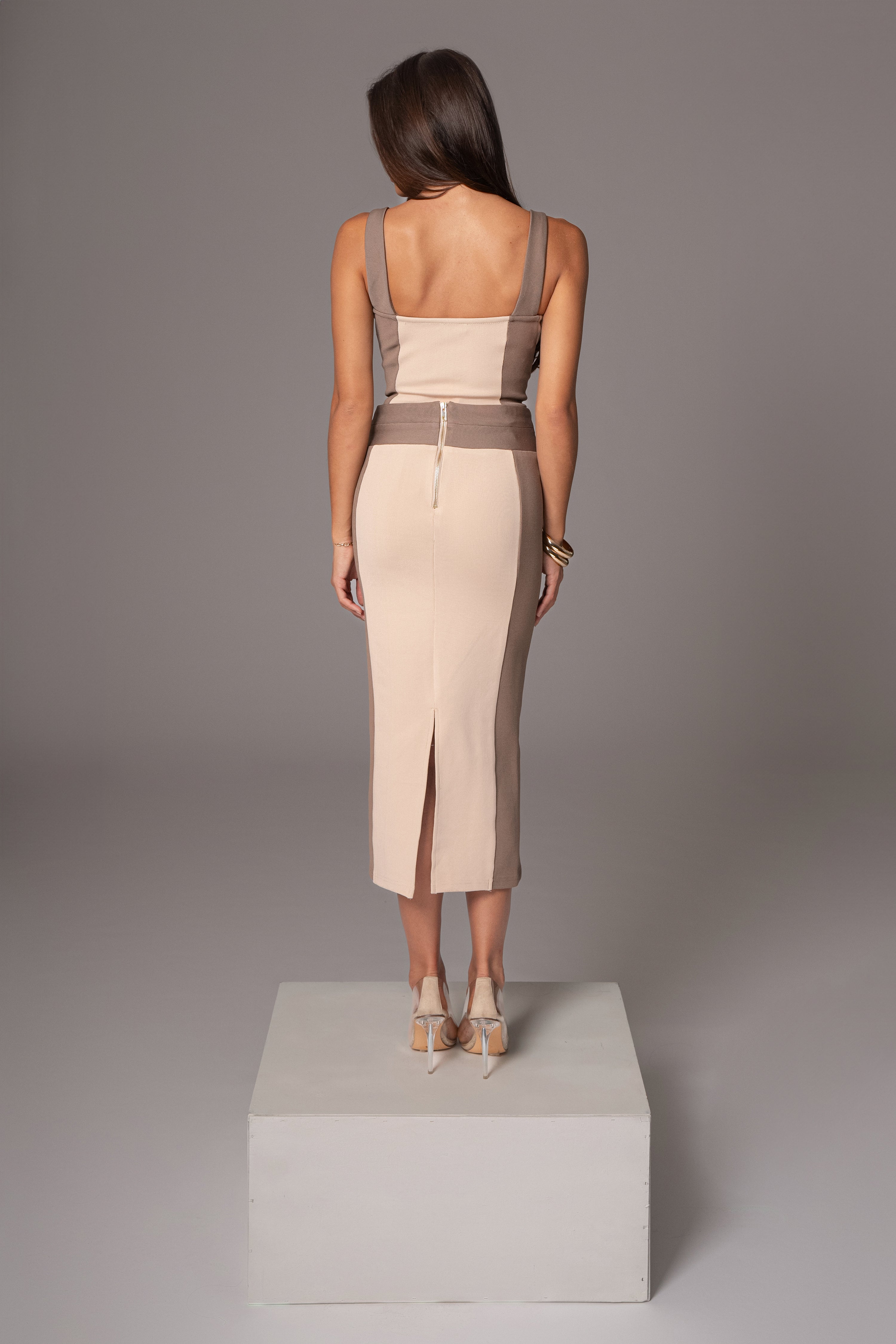 Taupe/Tan Celebration Colorblock Midi Skirt - JLUXLABEL