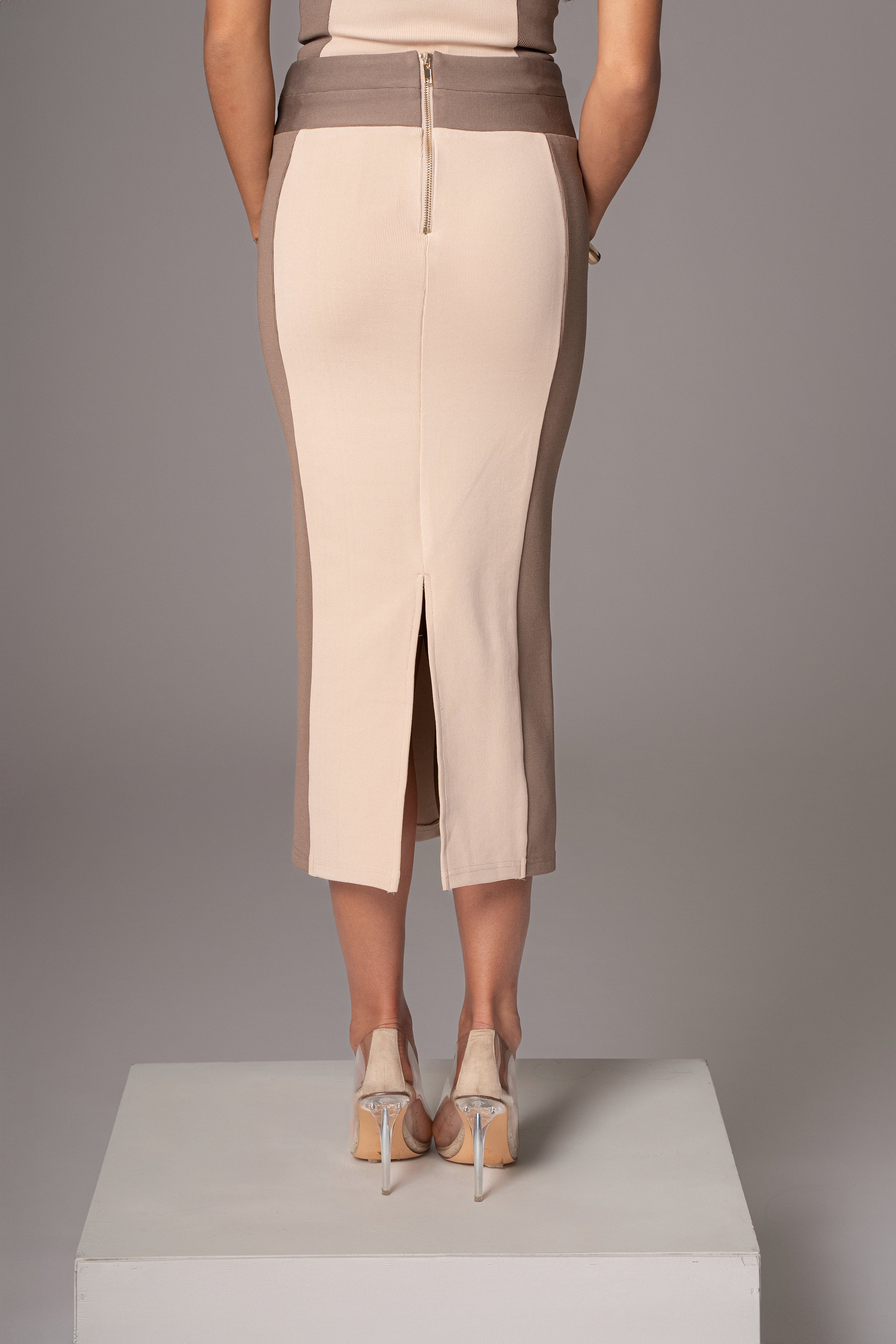 Taupe/Tan Celebration Colorblock Midi Skirt - JLUXLABEL