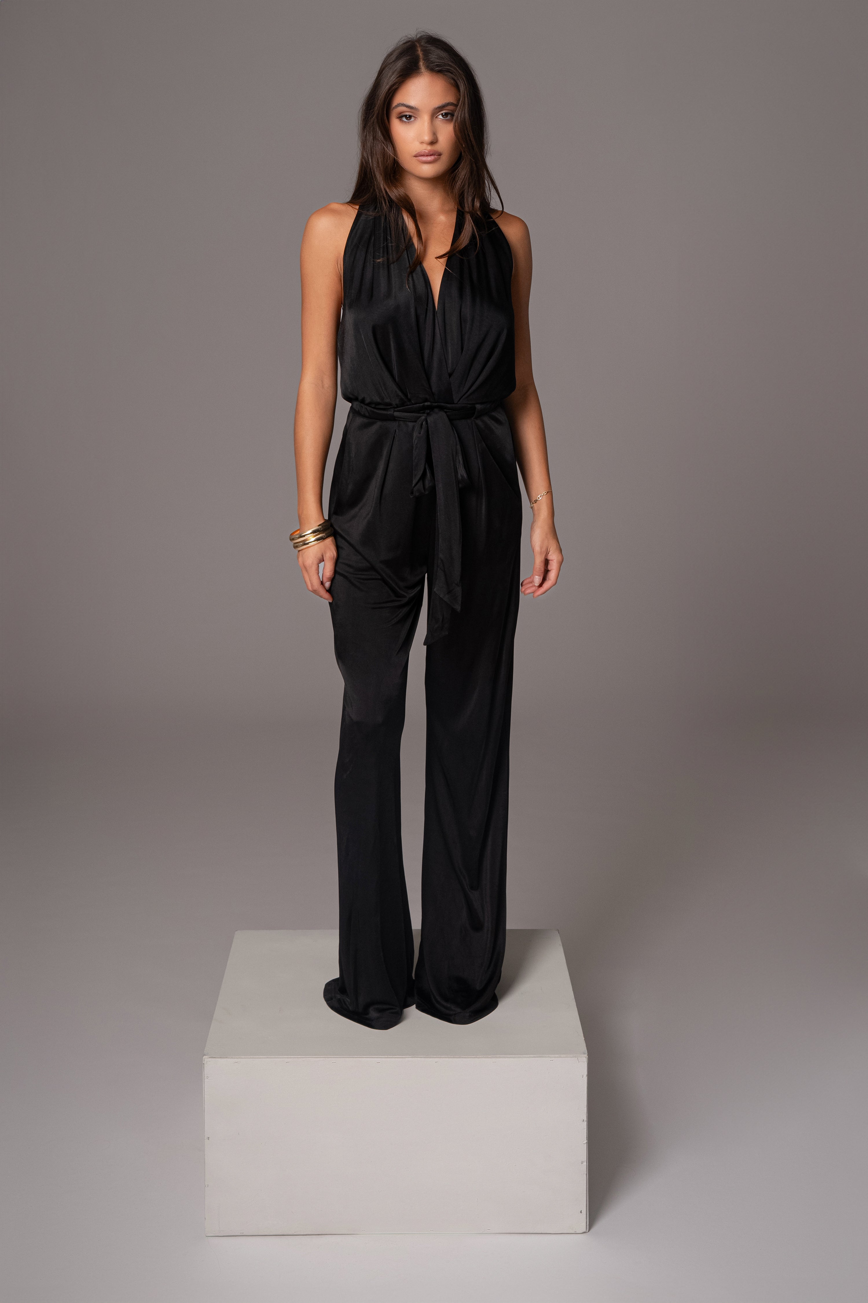 Black Slinky Halter Belted Jumpsuit - JLUXLABEL