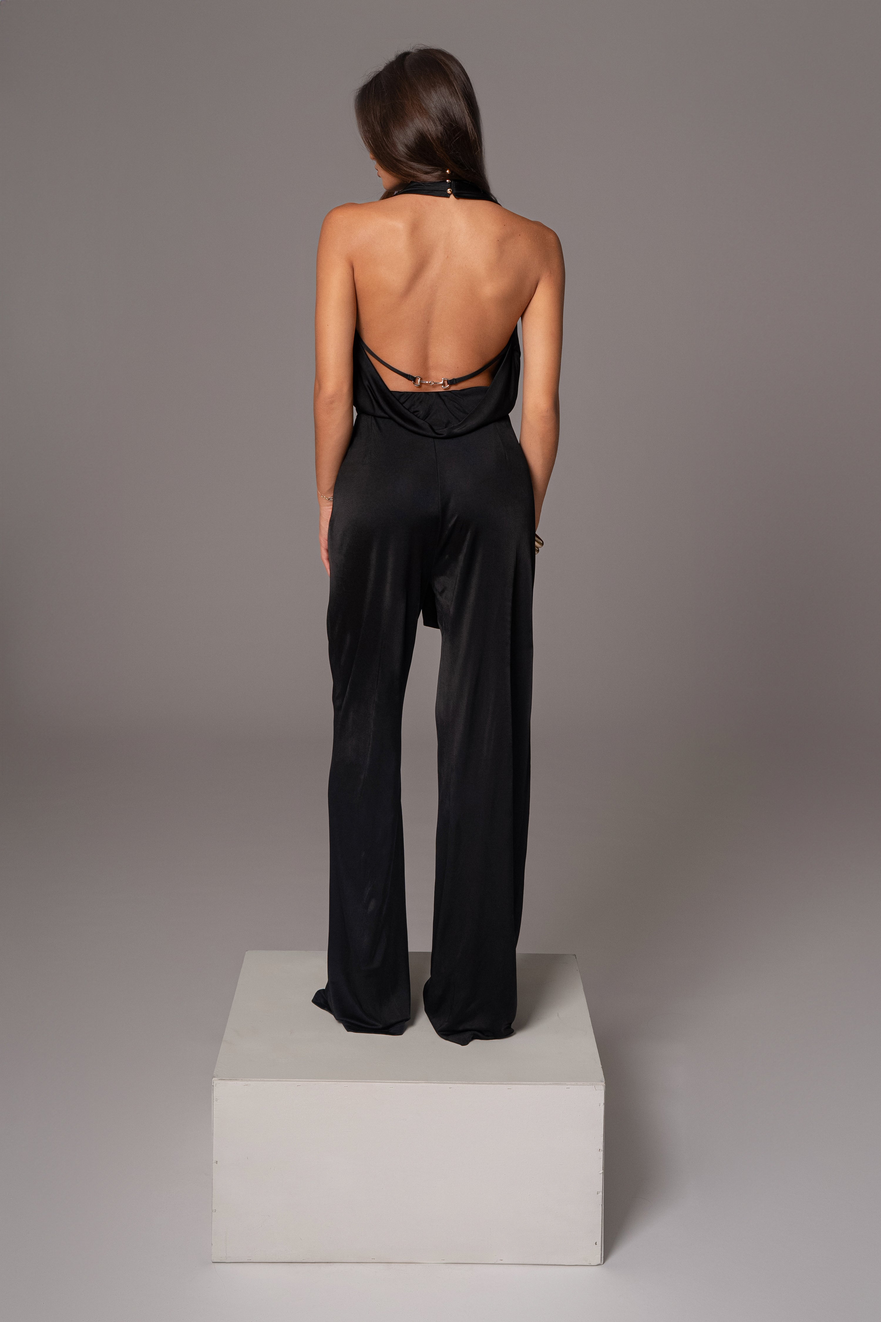 Black Slinky Halter Belted Jumpsuit - JLUXLABEL
