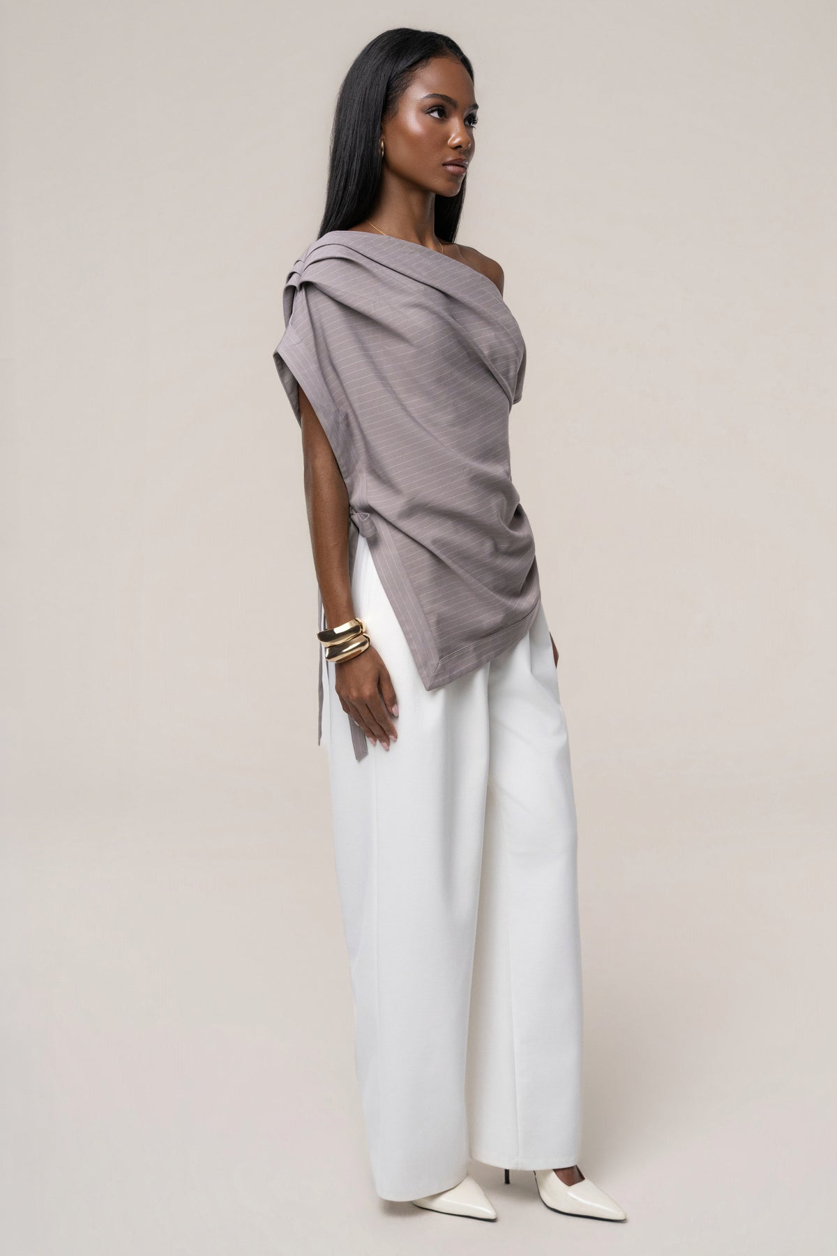 Taupe In Session Pinstripe Top - JLUXLABEL