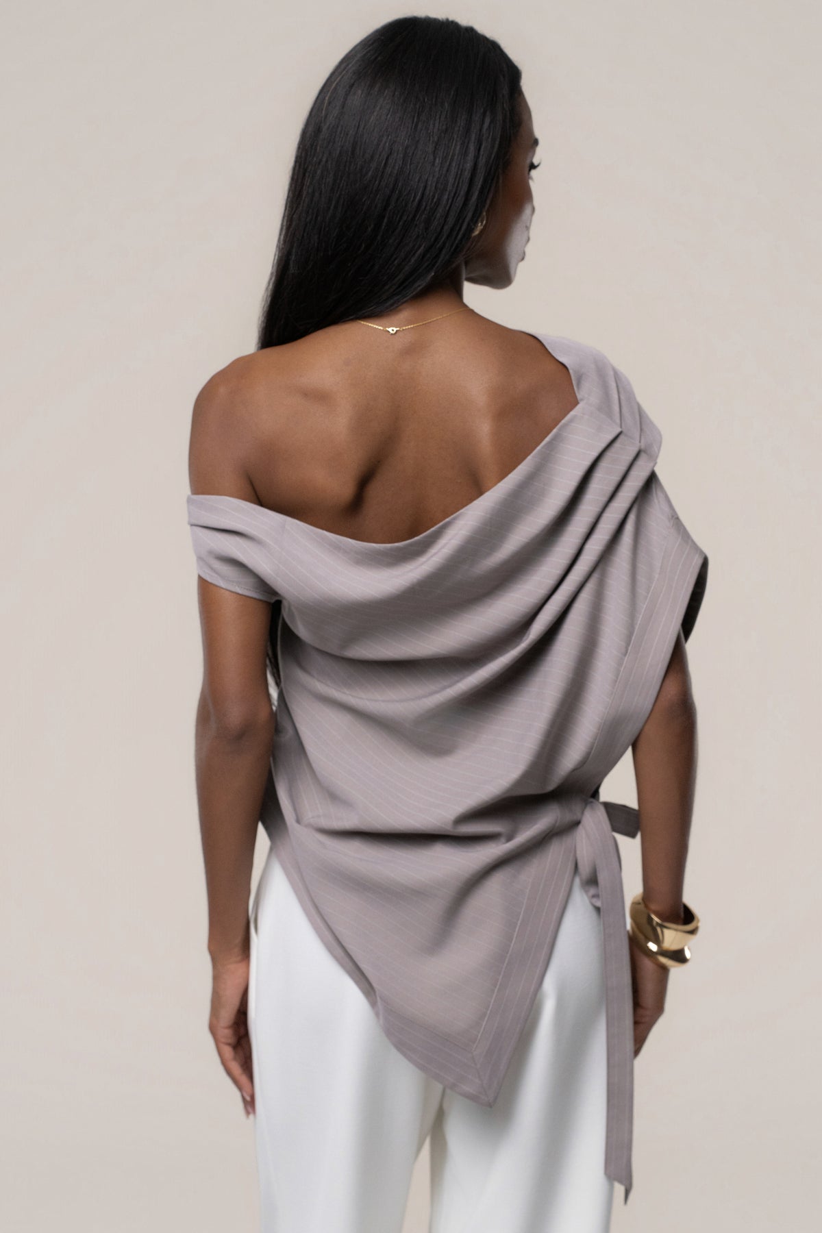 Taupe In Session Pinstripe Top - JLUXLABEL