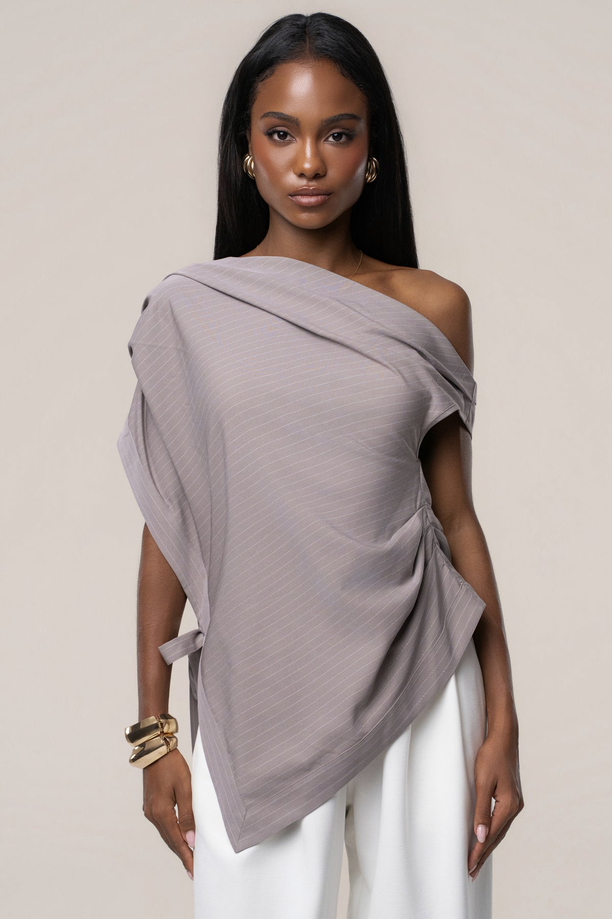 Taupe In Session Pinstripe Top - JLUXLABEL
