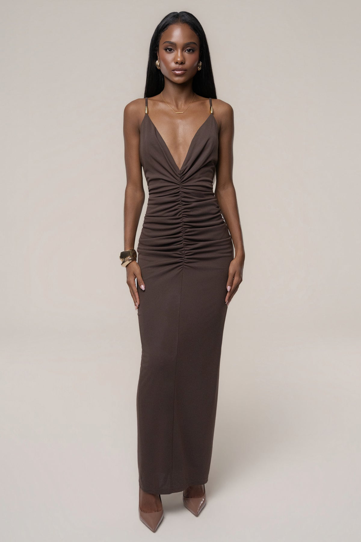 Brown Unforgettable Plunge Maxi Dress - JLUXLABEL