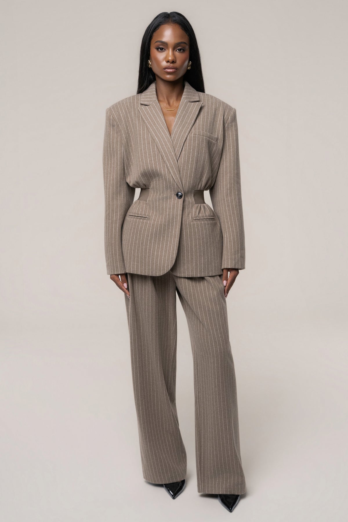Taupe/Ivory Contour Pinstripe Blazer - JLUXLABEL