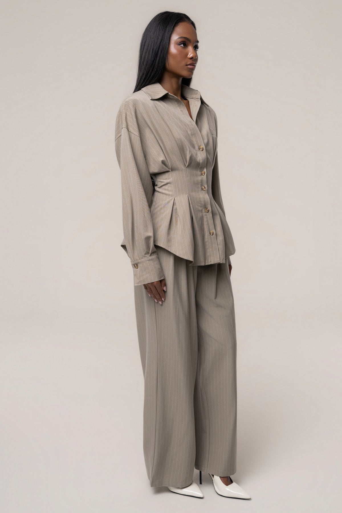 Beige Refined Lines Pinstripe Top - JLUXLABEL
