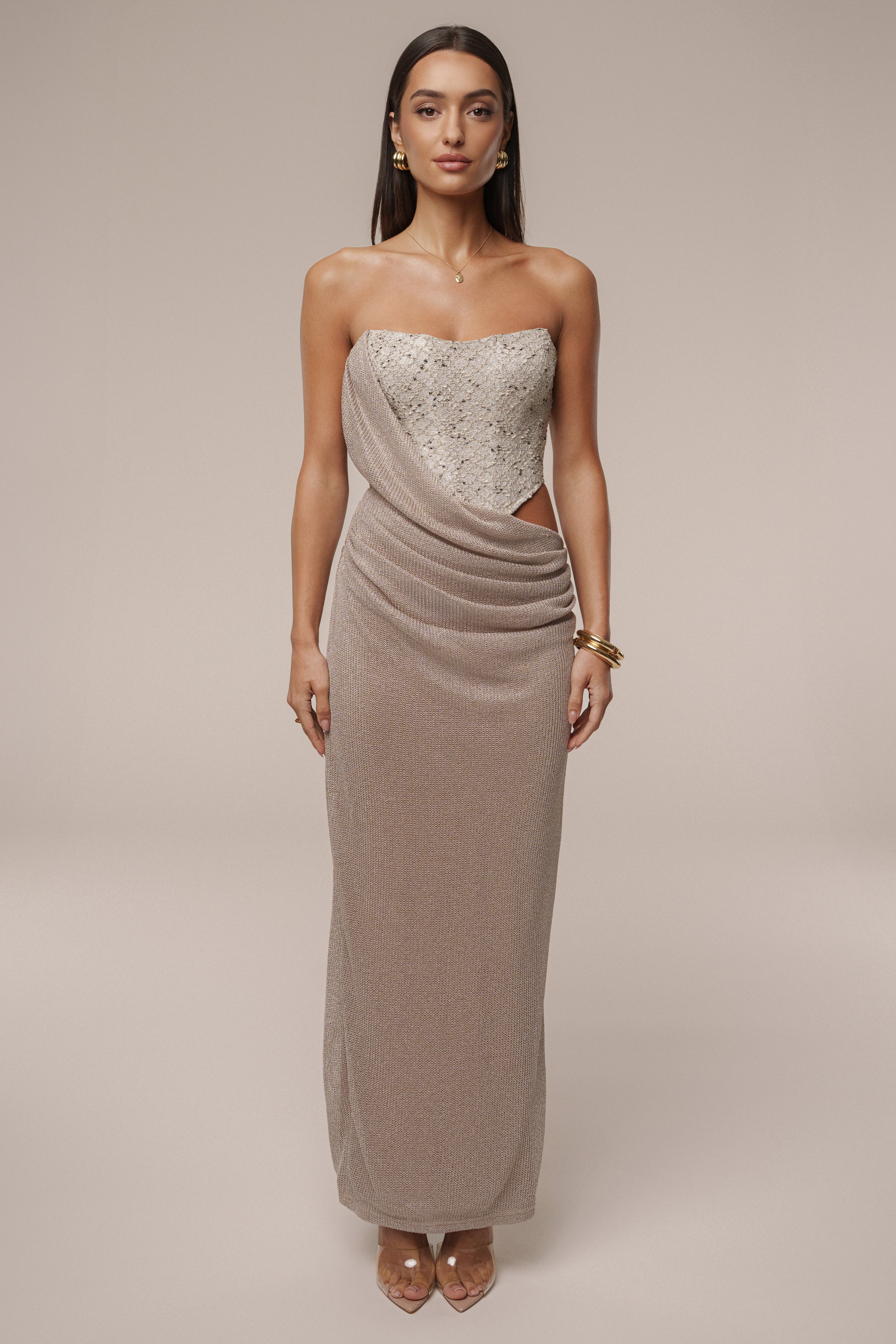 Beige Stellar Sequin Maxi Dress - JLUXLABEL