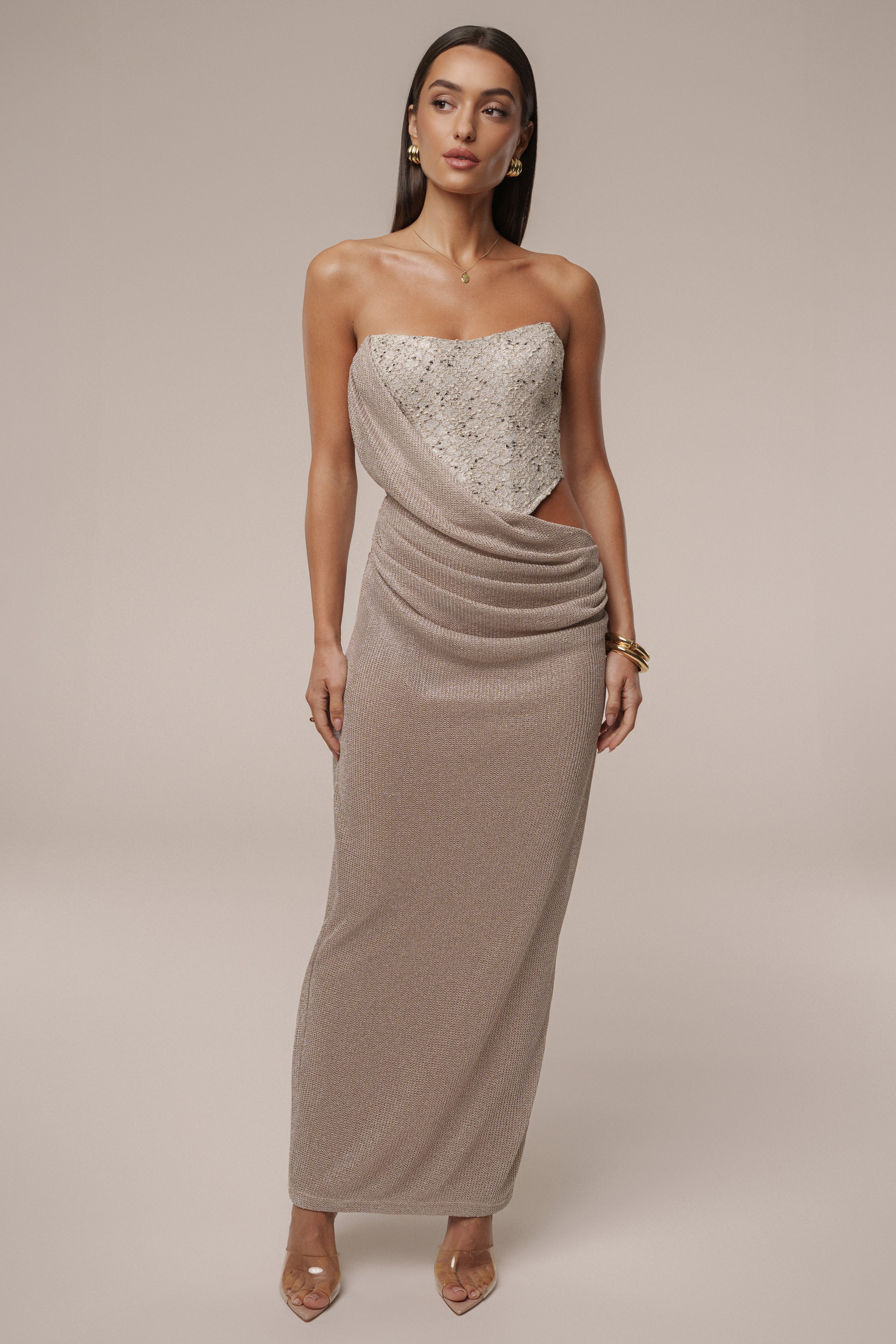 Beige Stellar Sequin Maxi Dress - JLUXLABEL
