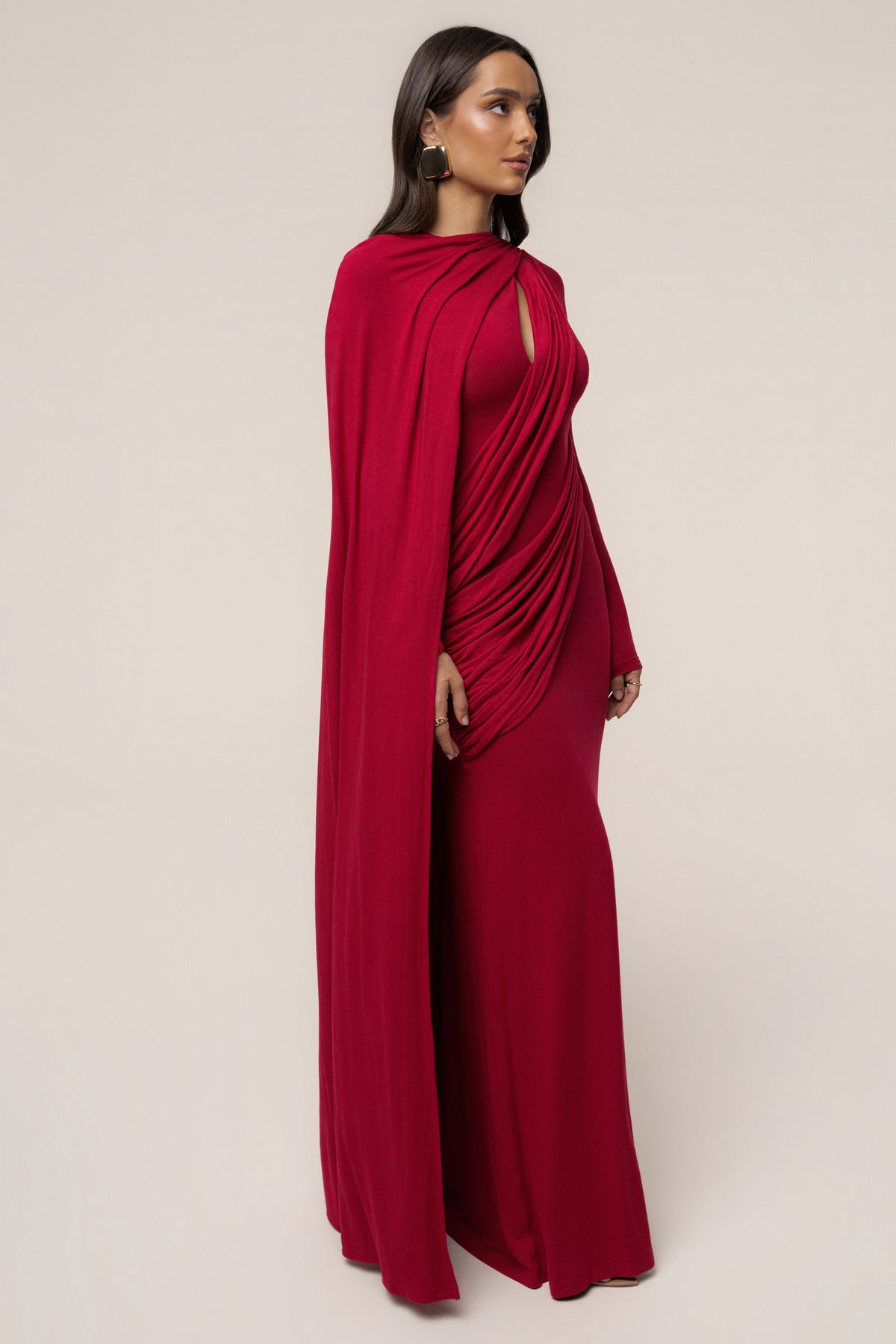 Red Draped Elegance Cape Dress