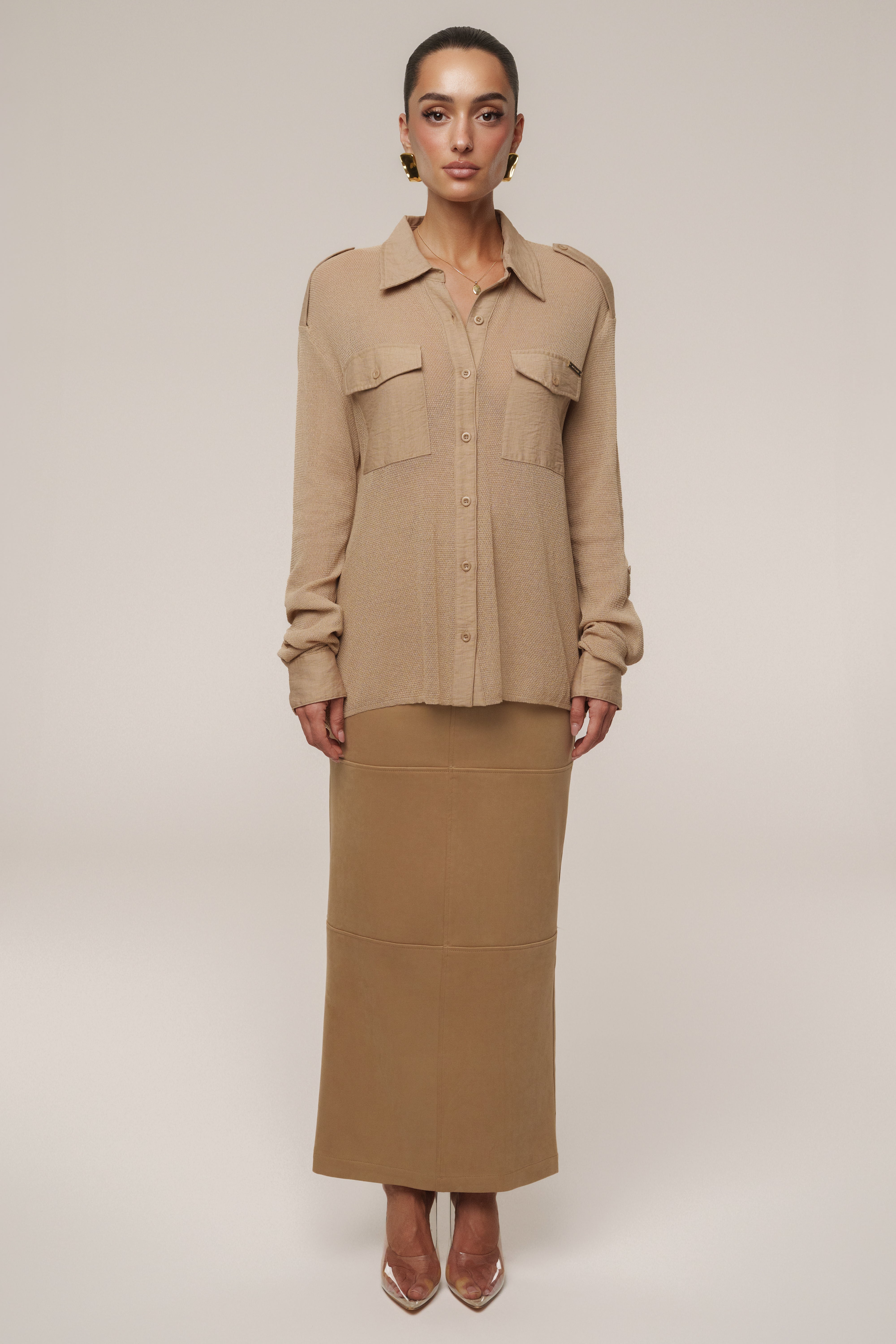 Beige Sway Sheer Button Up Top - JLUXLABEL