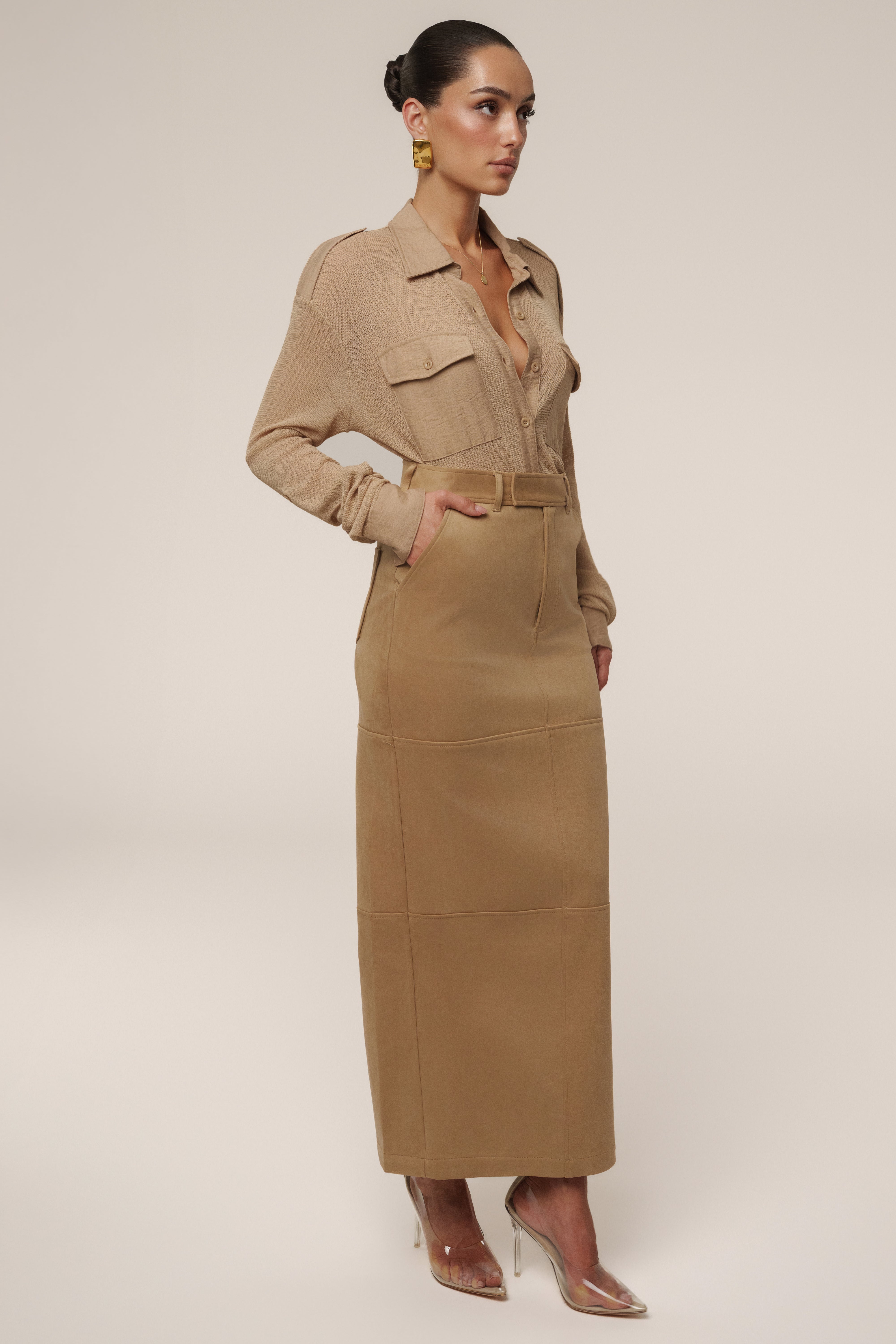 Beige Joy Suede Maxi Skirt - JLUXLABEL