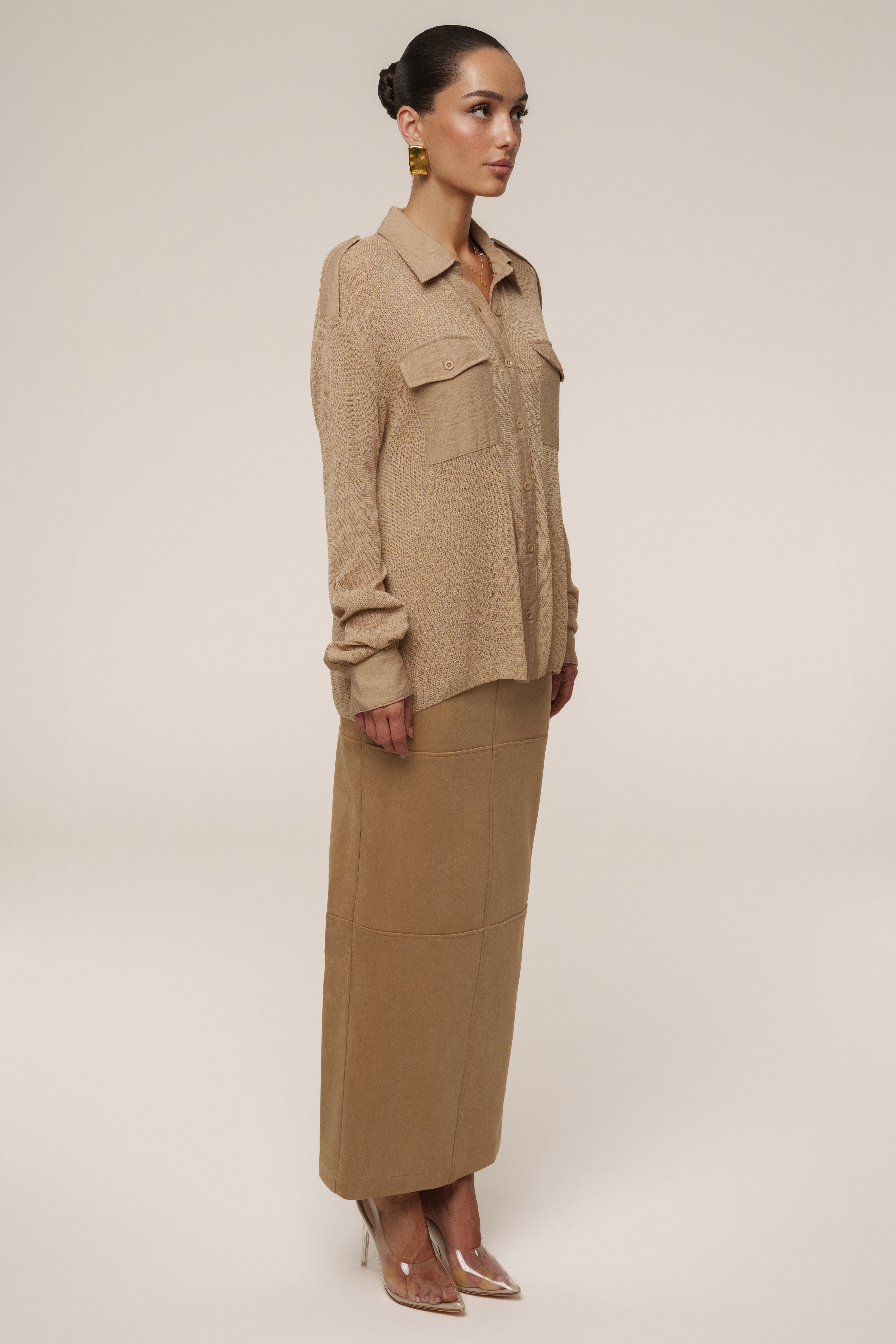 Beige Sway Sheer Button Up Top - JLUXLABEL