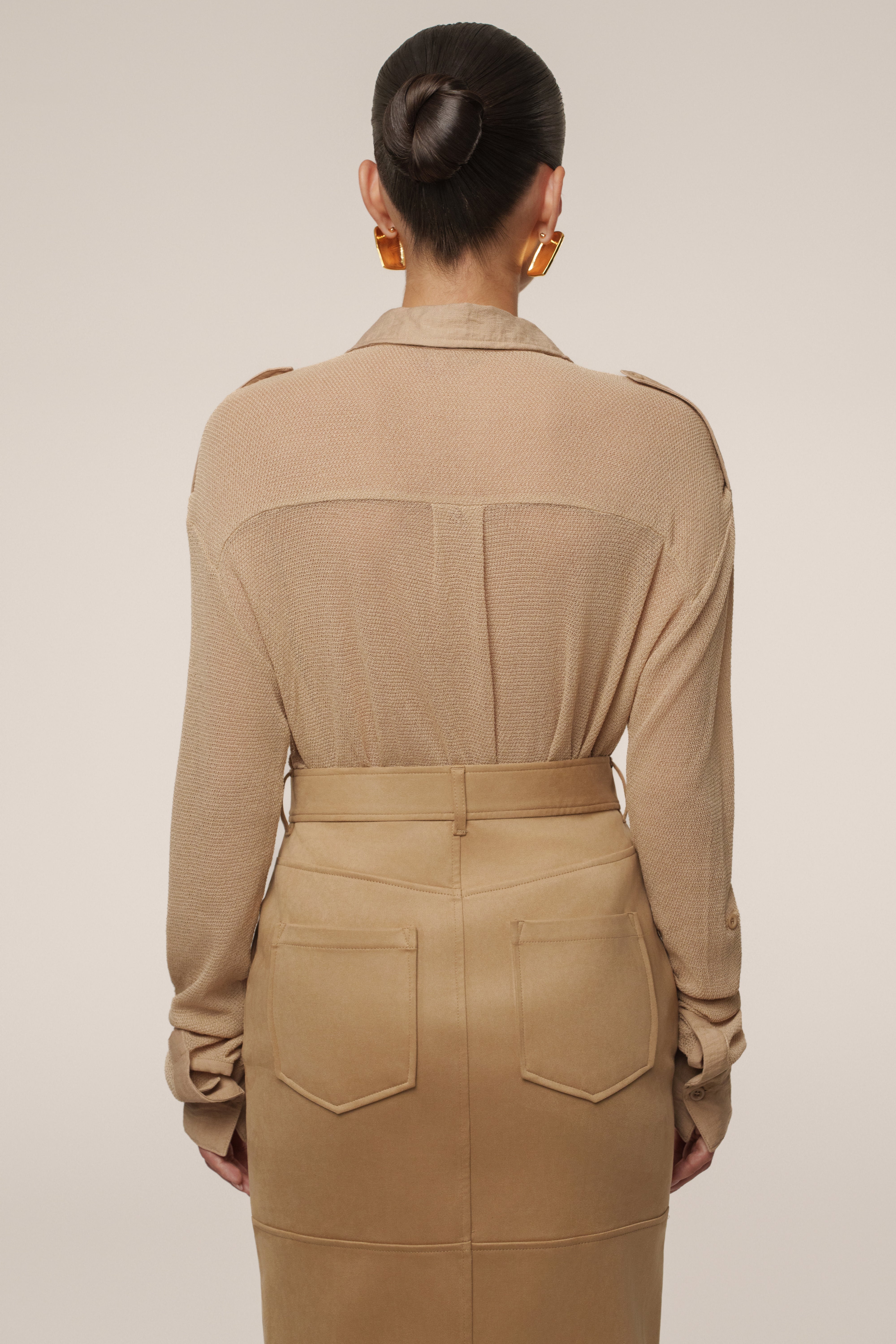 Beige Sway Sheer Button Up Top - JLUXLABEL