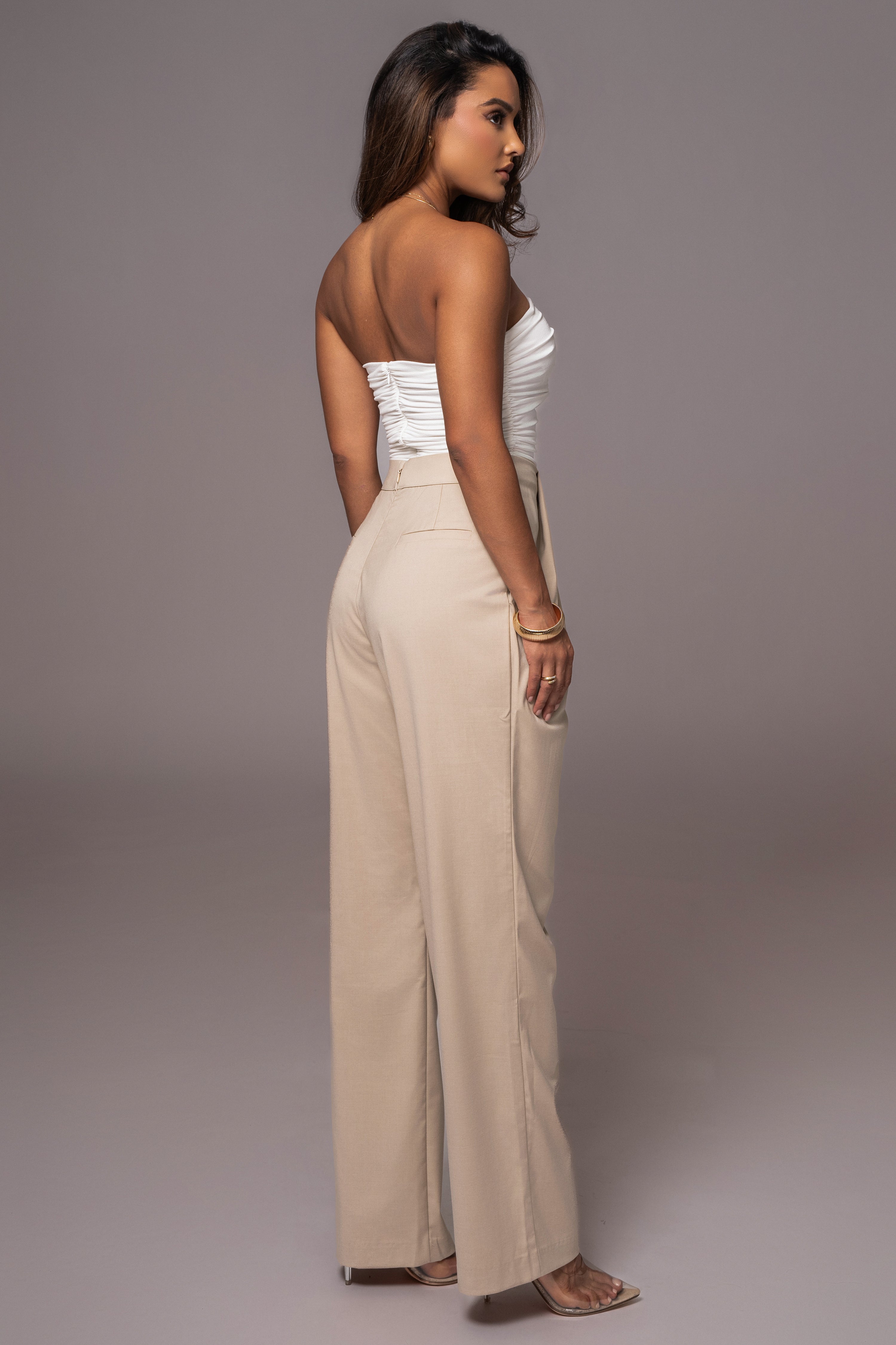 Beige Asymmetrical Draped Trousers - JLUXLABEL