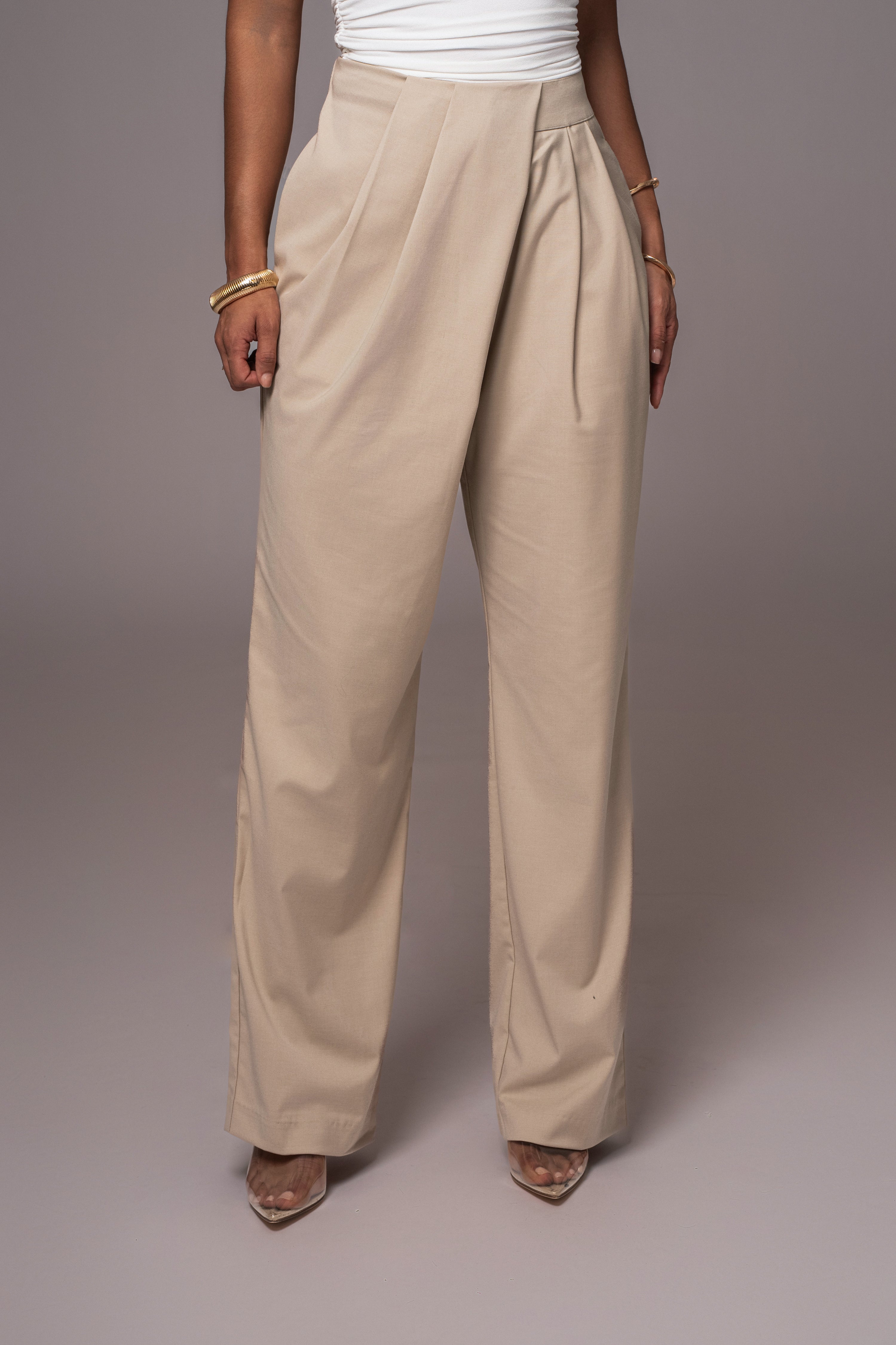Beige Asymmetrical Draped Trousers - JLUXLABEL