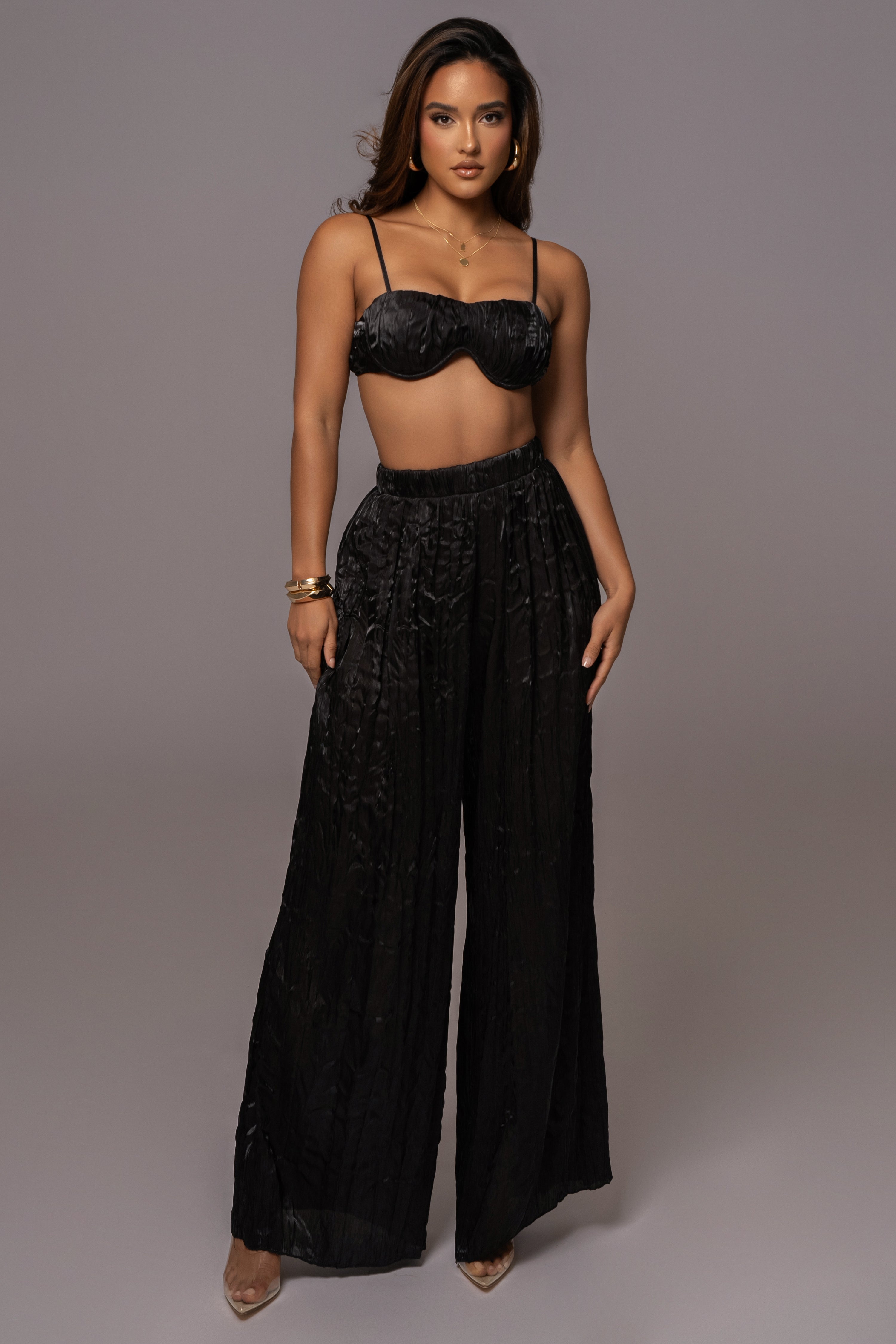 Black Let's Get Away Satin Pant Set - JLUXLABEL