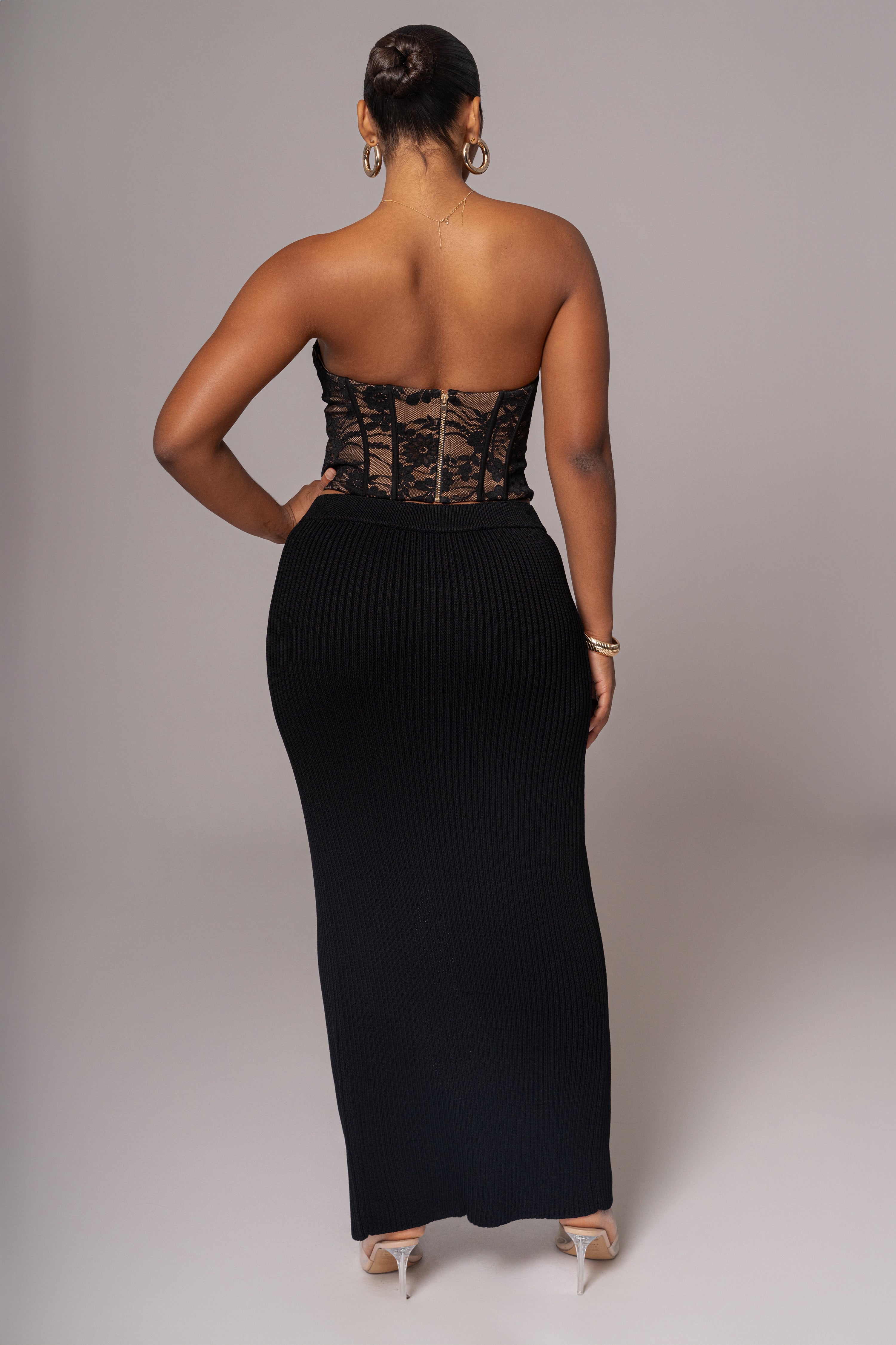 Black Hamptons Ribbed Slit Skirt - JLUXLABEL