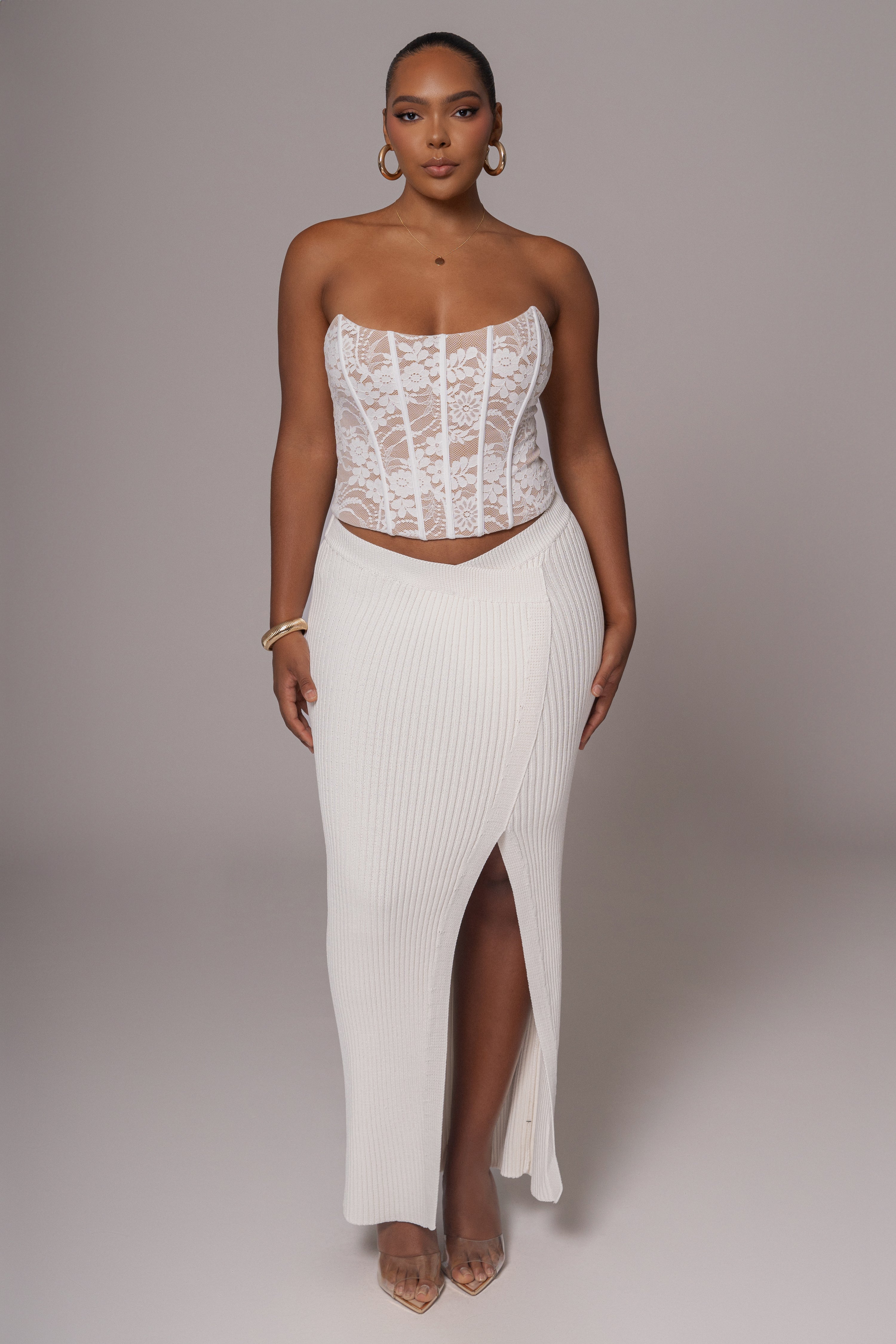 Ivory Hamptons Ribbed Slit Skirt - JLUXLABEL