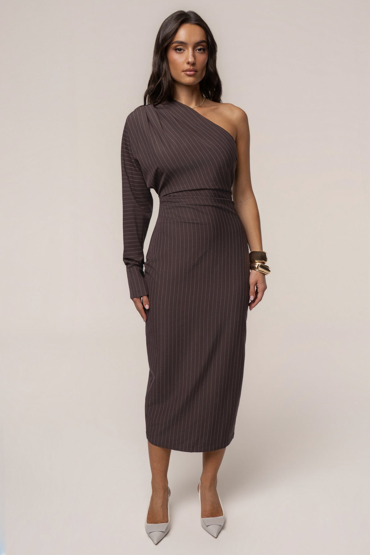 Chocolate Presence And Elegance Pinstripe Dress - JLUXLABEL