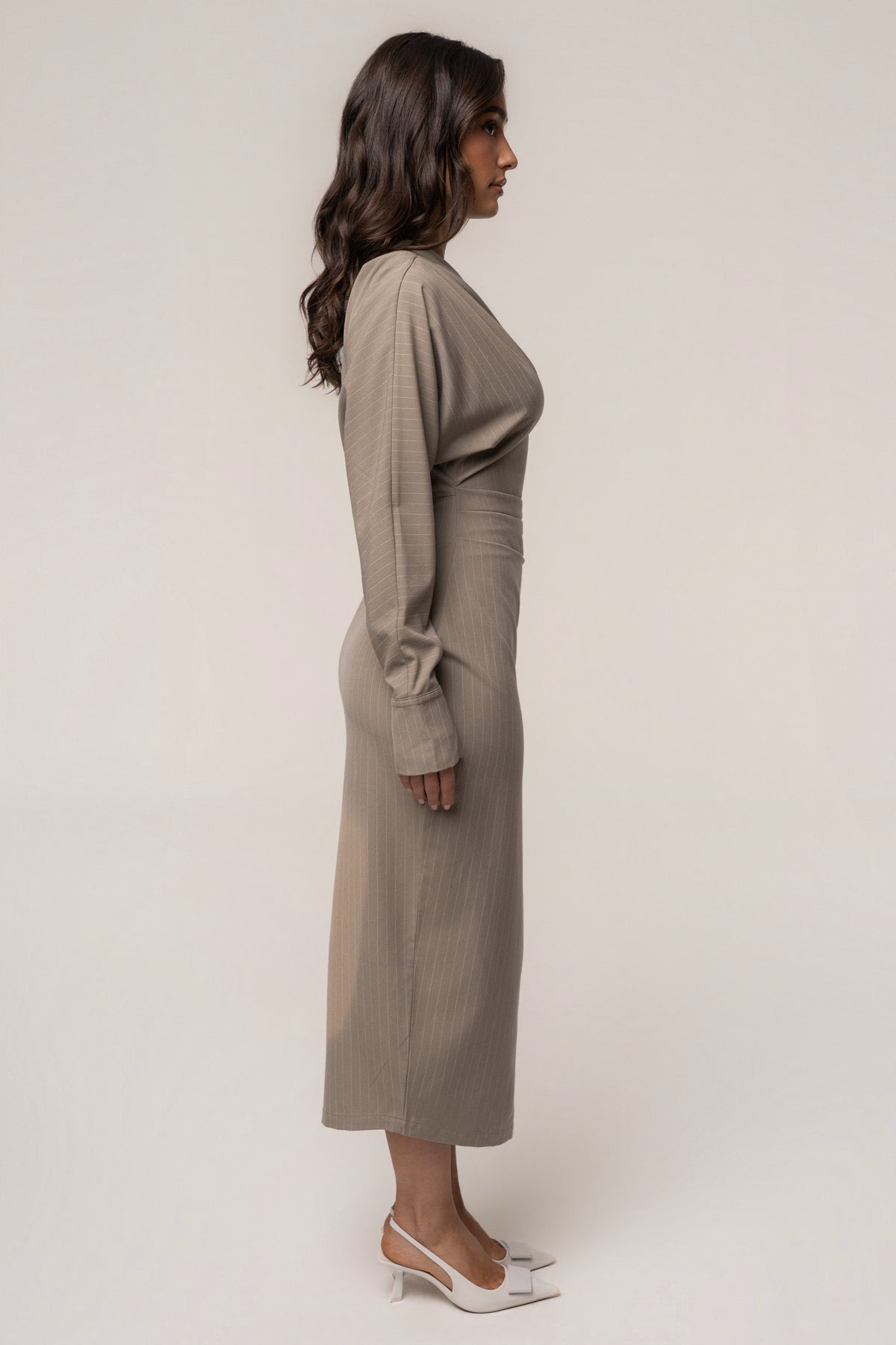 Beige Presence And Elegance Pinstripe Dress - JLUXLABEL