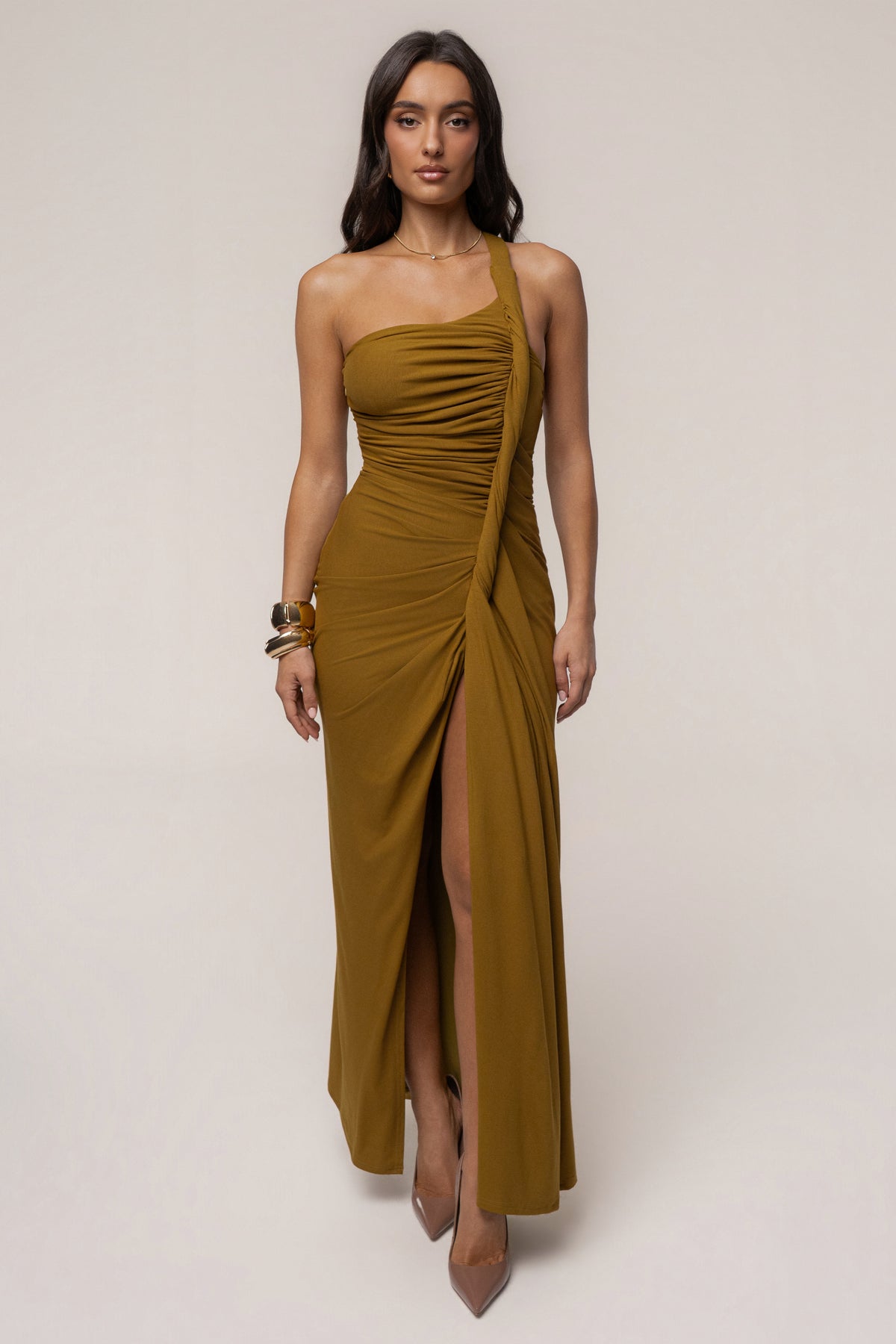 Olive Summer Ruched Maxi Dress - JLUXLABEL