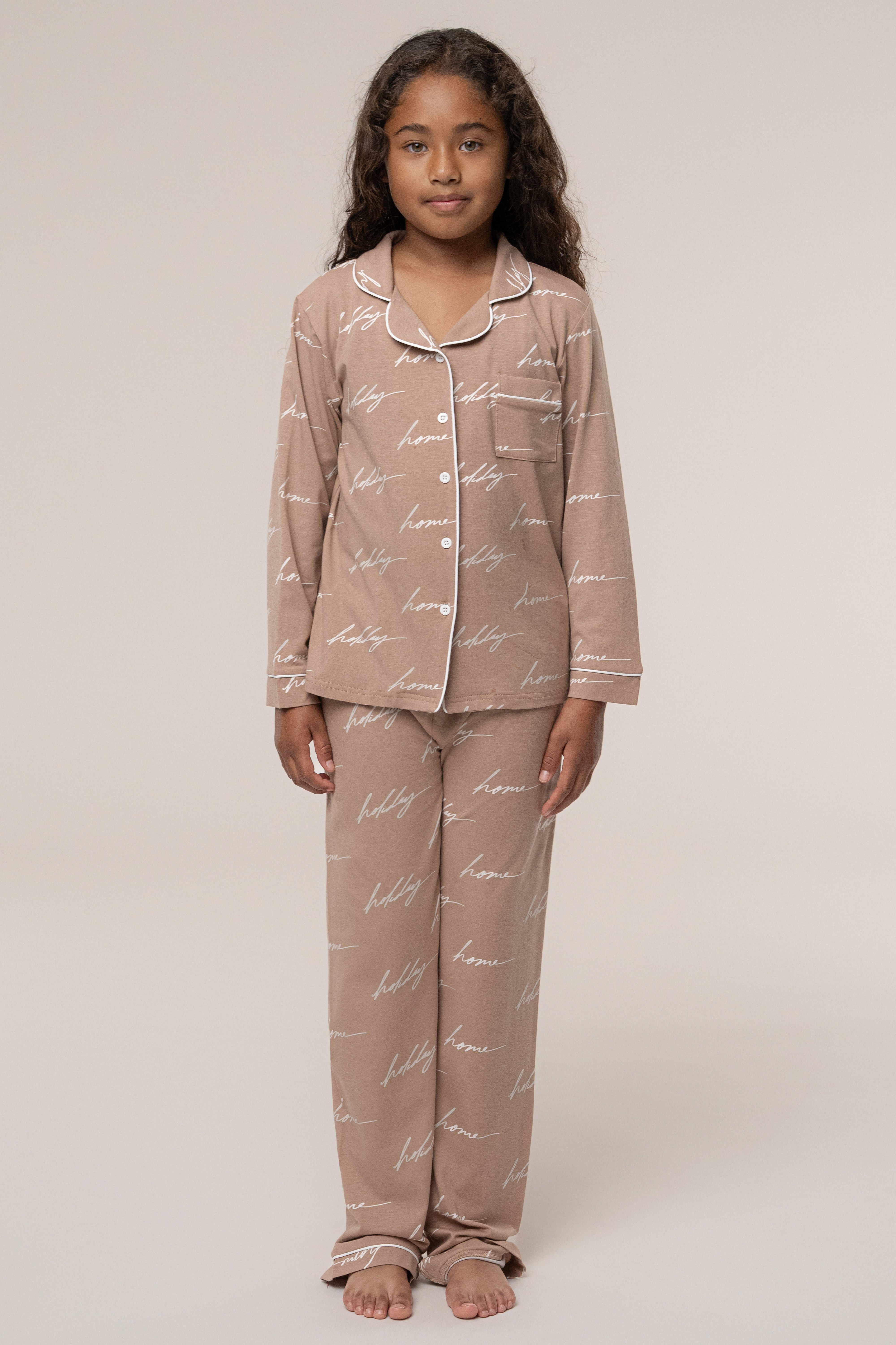 Beige Home For The Holidays Kids Pajama Set - JLUXLABEL