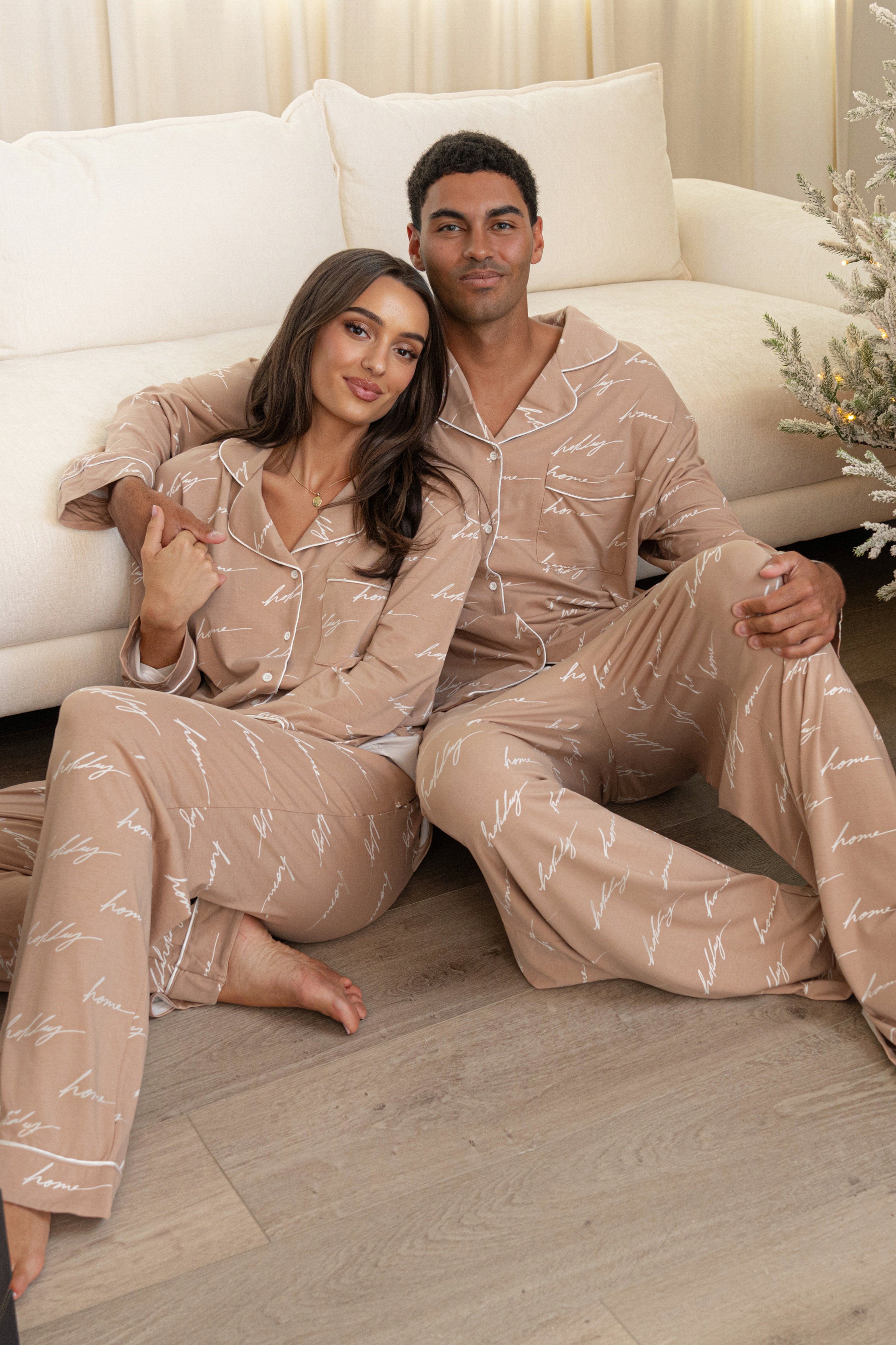 Beige Home For The Holidays Adult Pajama Set - JLUXLABEL