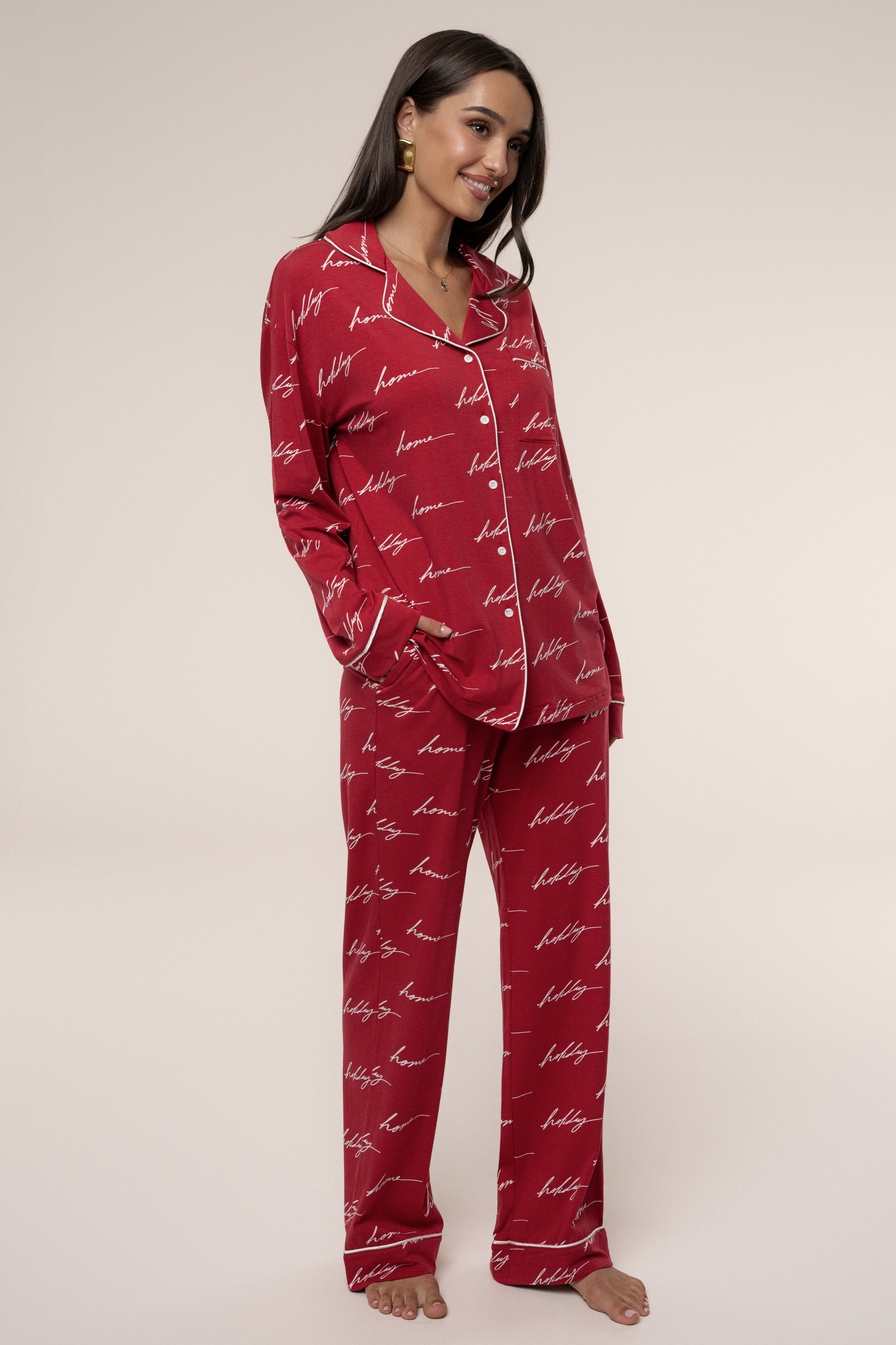 Merry Red Home For The Holidays Adult Pajama Set - JLUXLABEL