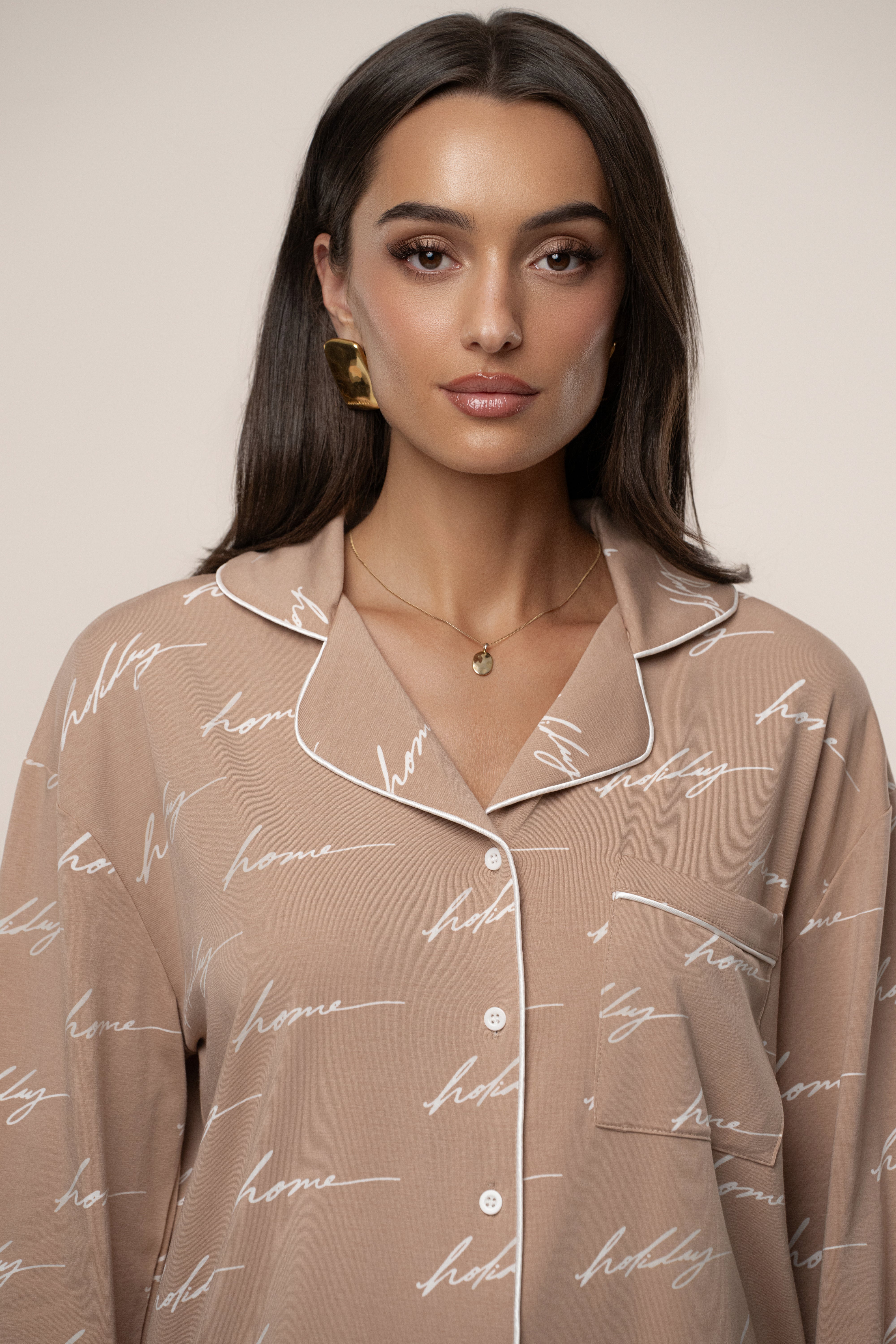 Beige Home For The Holidays Adult Pajama Set - JLUXLABEL