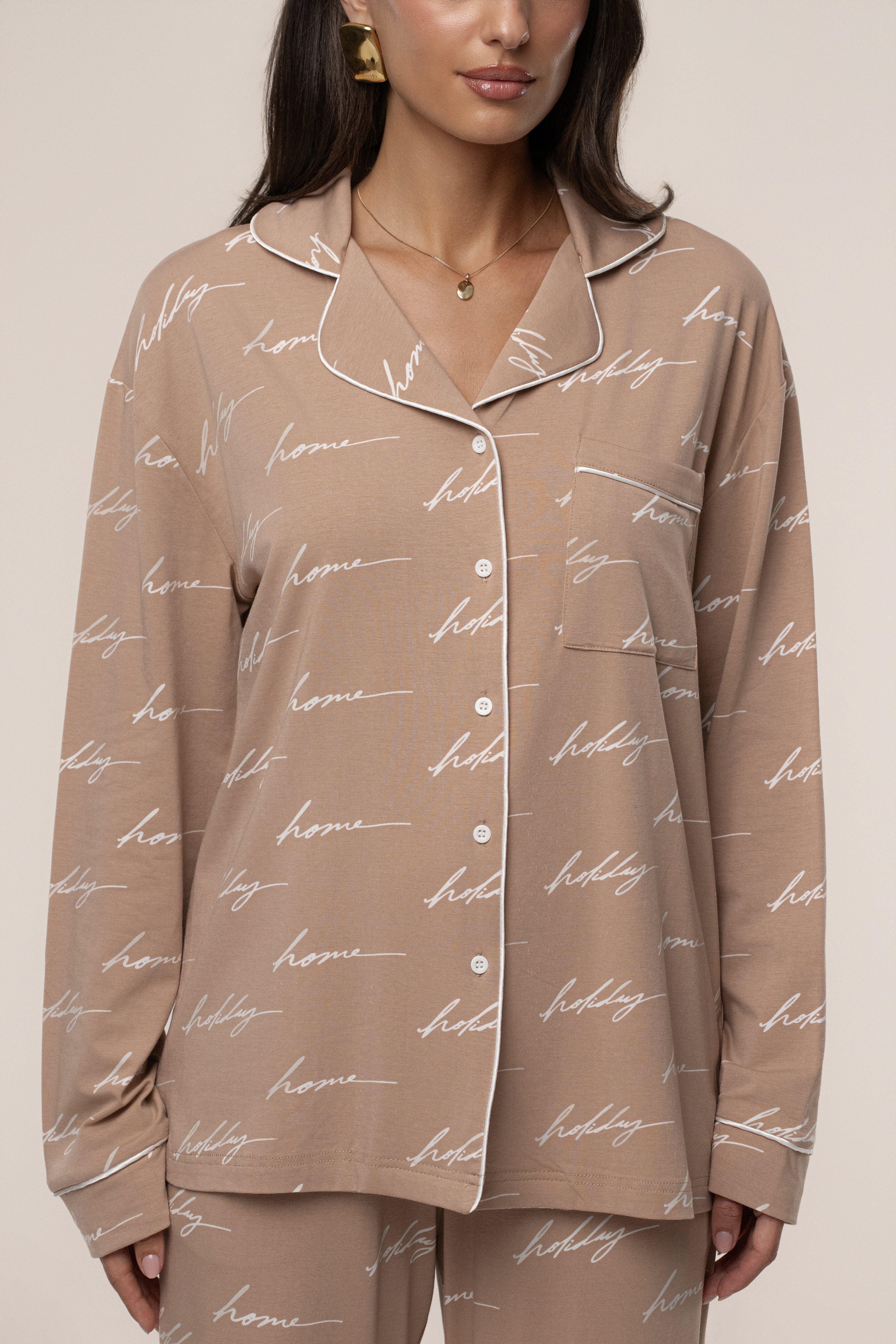 Beige Home For The Holidays Adult Pajama Set - JLUXLABEL