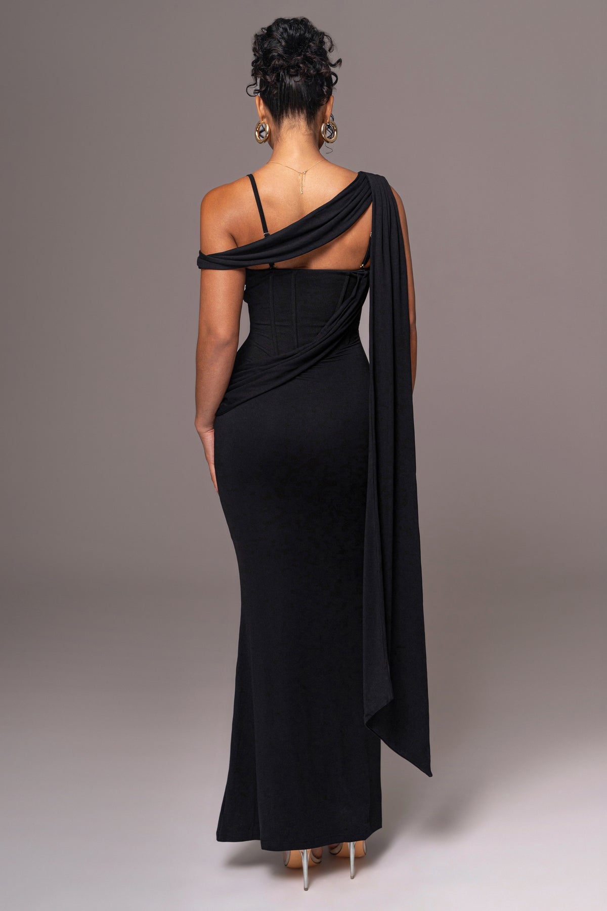 Black Grand Entrance Drape Dress by JLUXLABEL, featuring a flowing silhouette with elegant drape details, perfect for formal occasions.