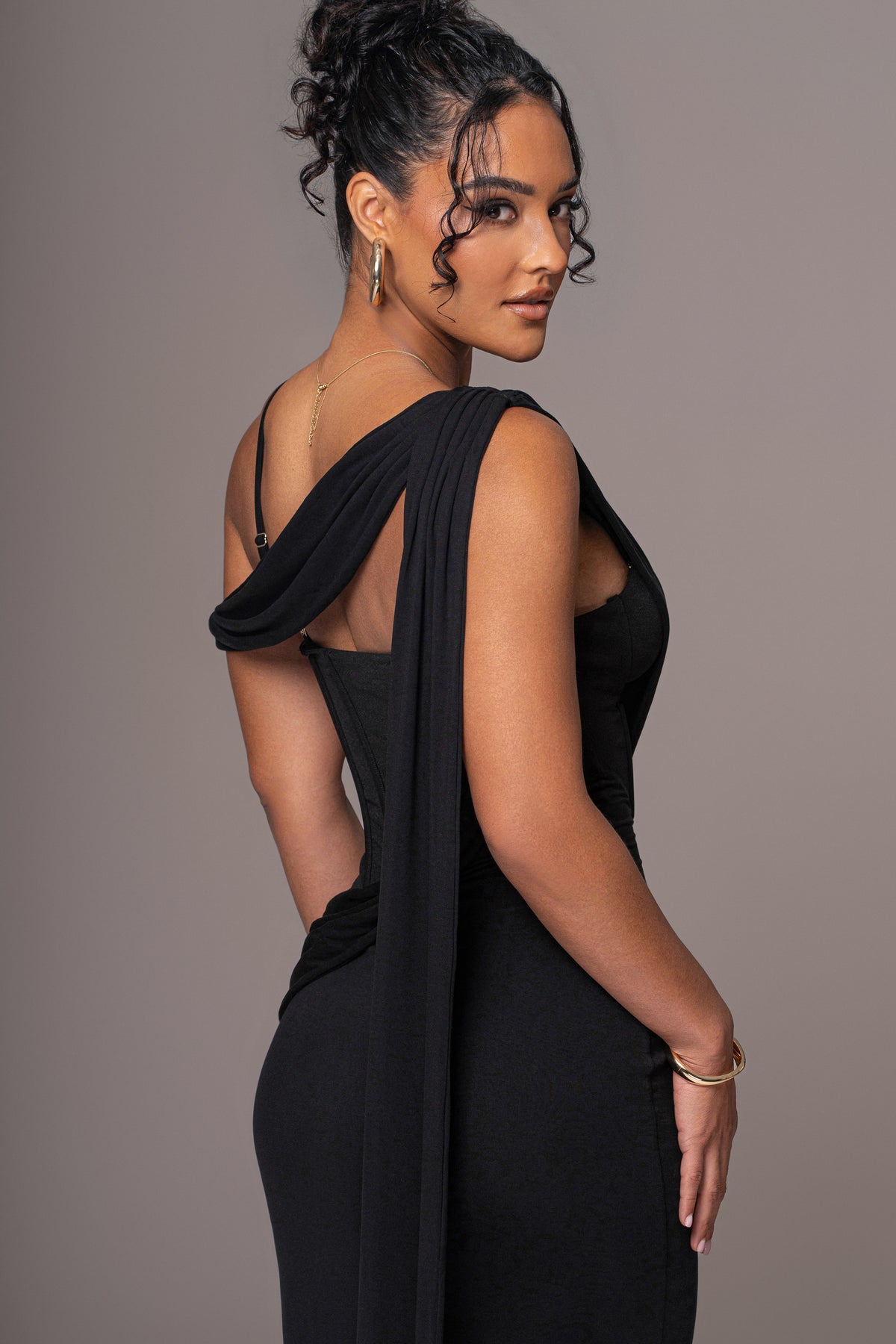 Black Grand Entrance Drape Dress by JLUXLABEL, elegant evening dress with draped fabric and stylish design.