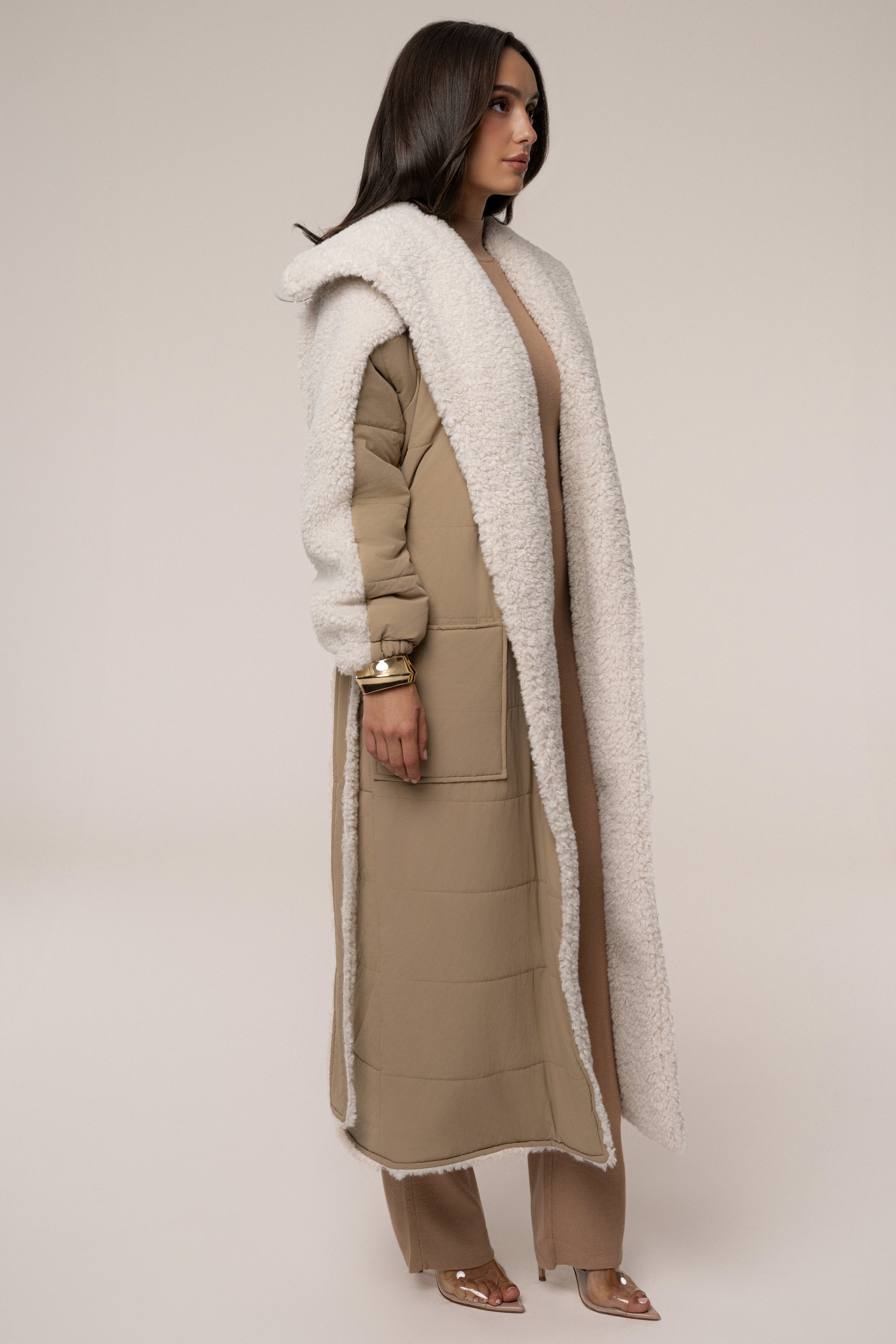 Beige/Ivory Contrast Sherpa Coat