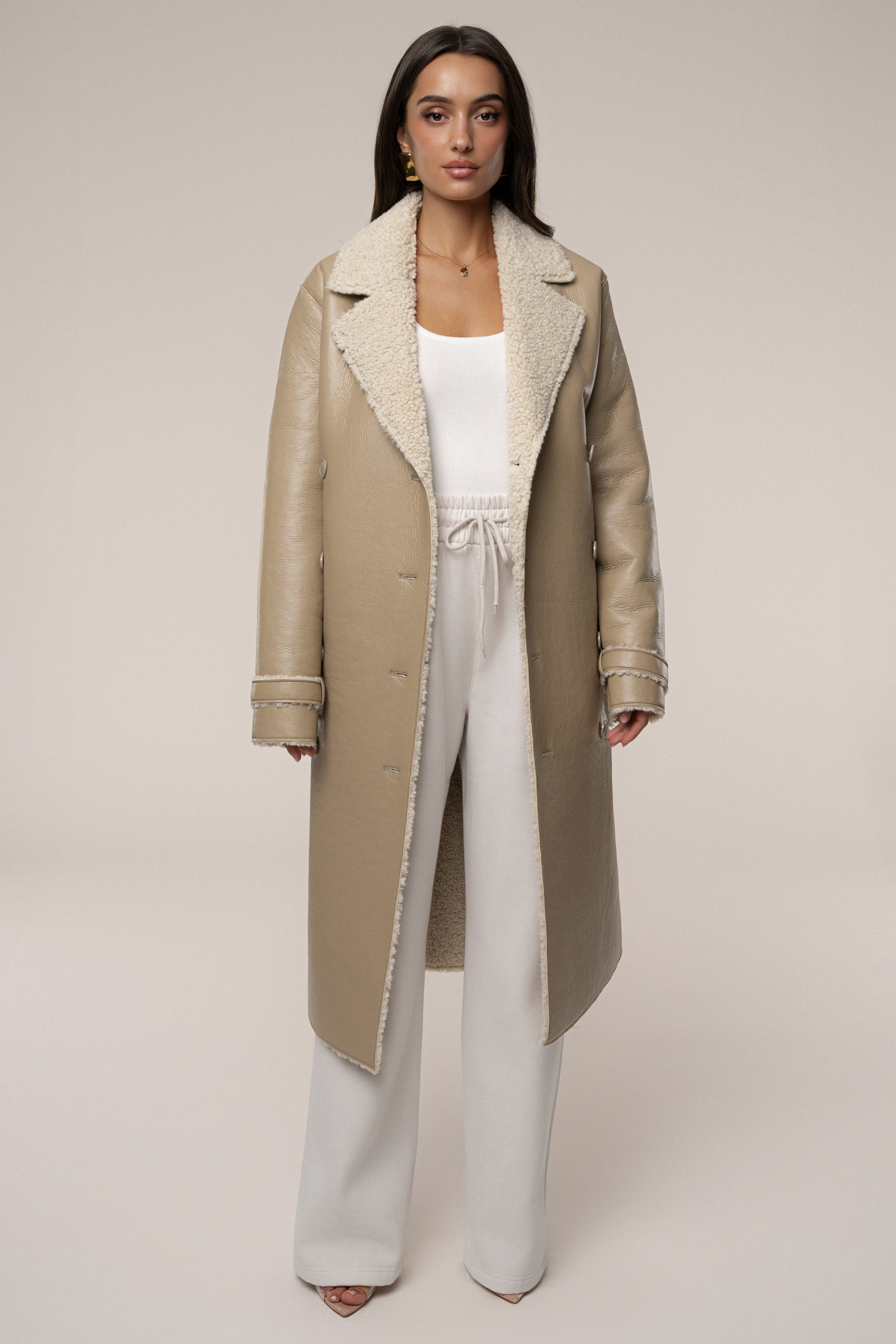 Beige/Ivory Sherpa And Faux Leather Coat