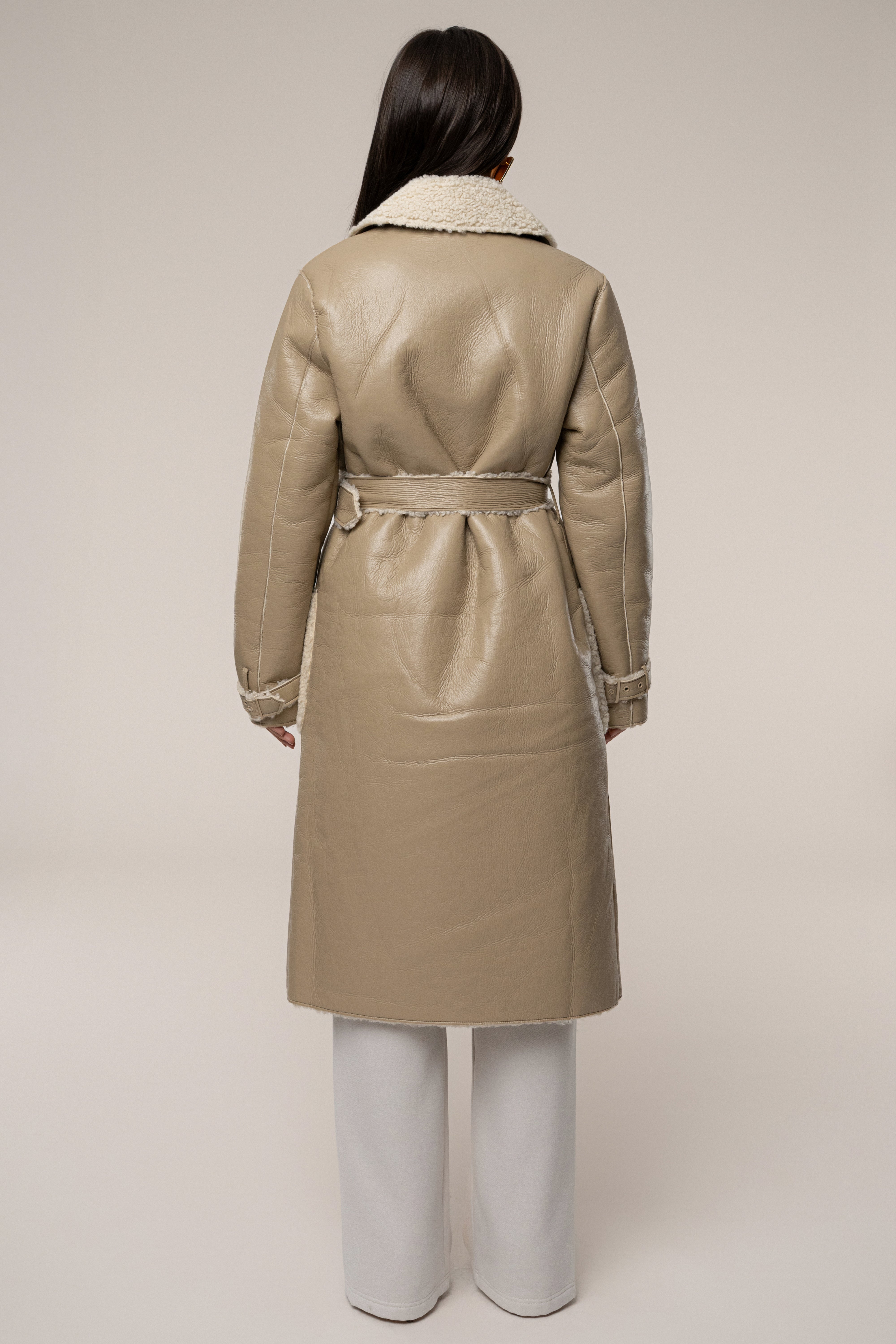 Beige/Ivory Sherpa And Faux Leather Coat