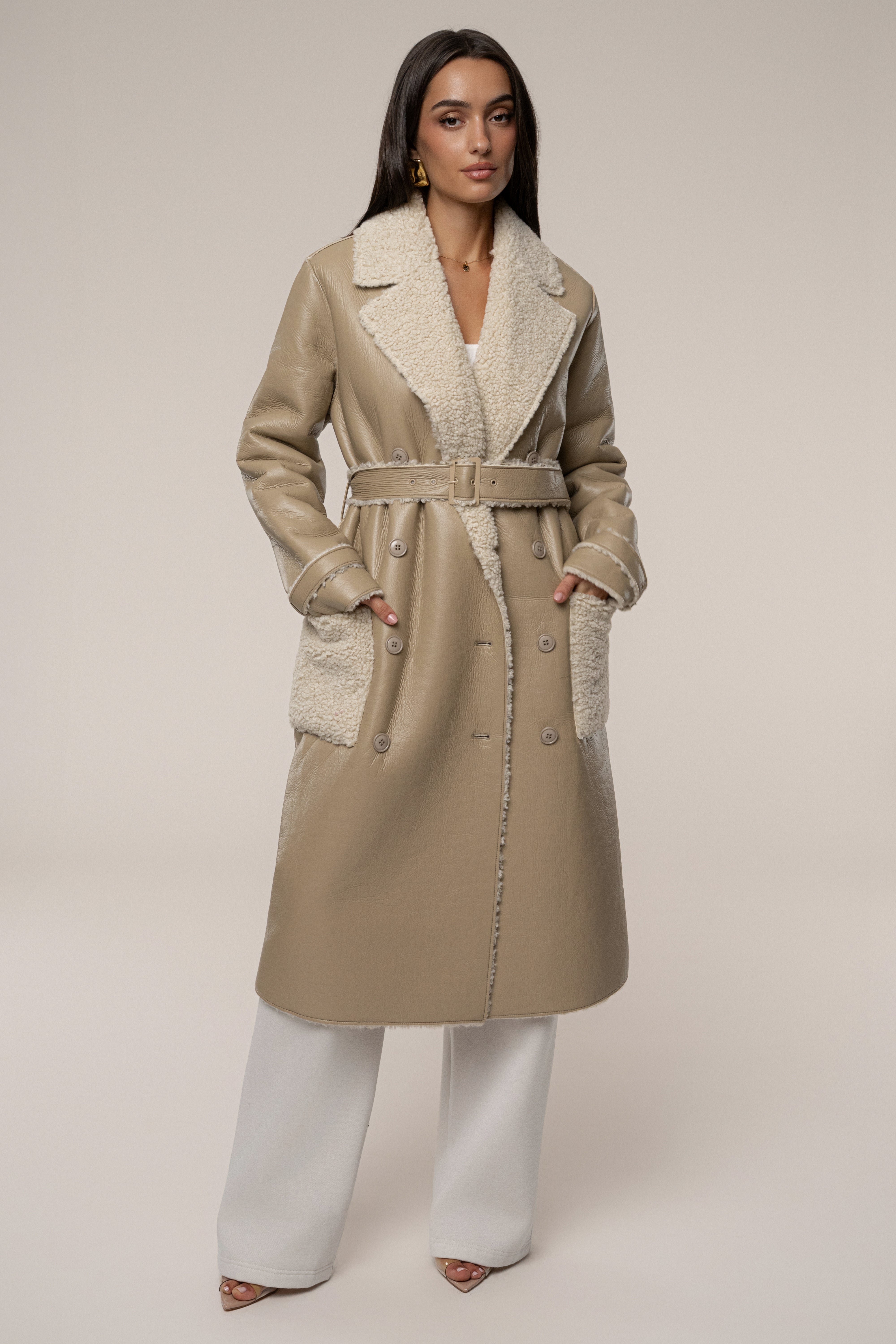 Beige/Ivory Sherpa And Faux Leather Coat