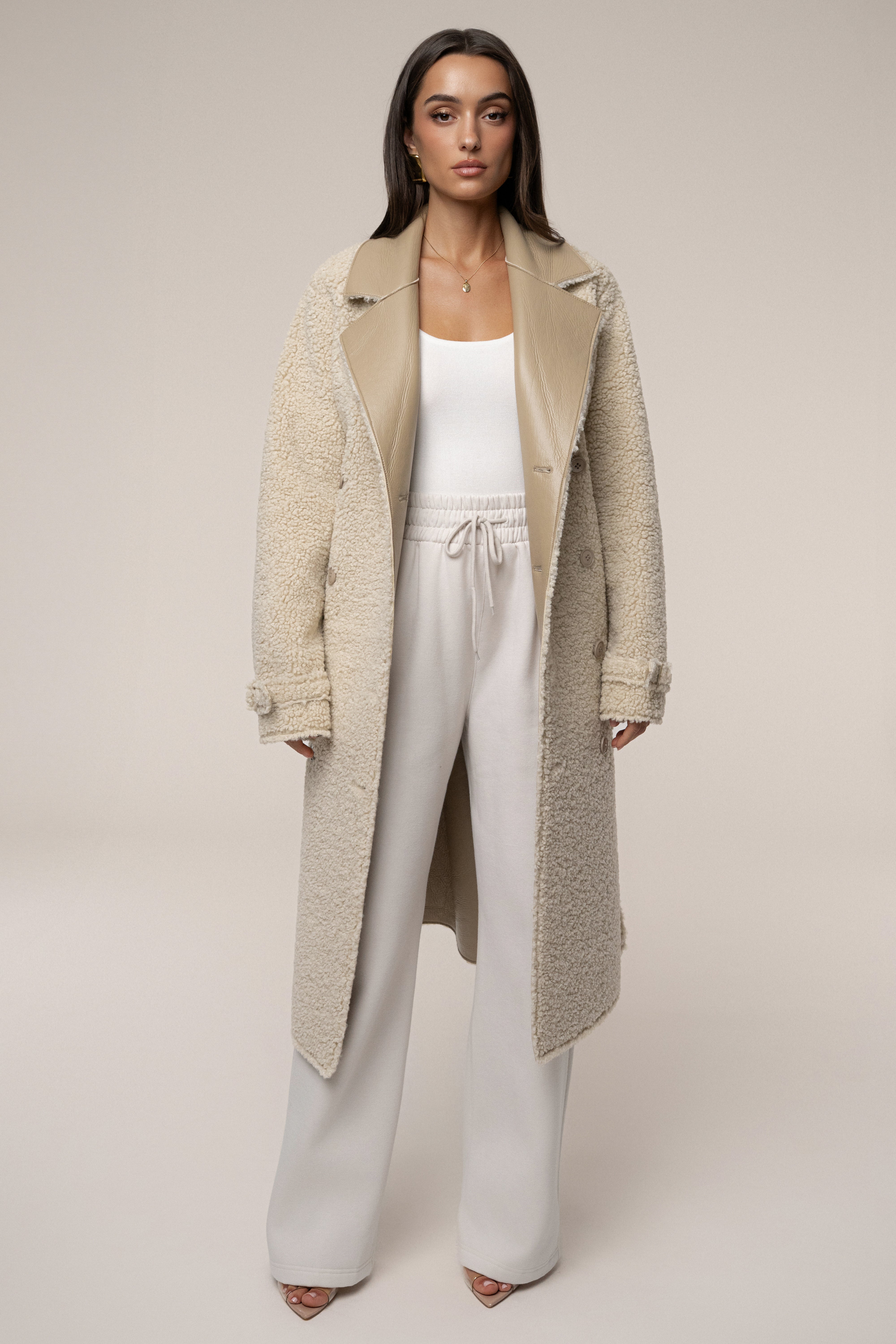 Beige/Ivory Sherpa And Faux Leather Coat