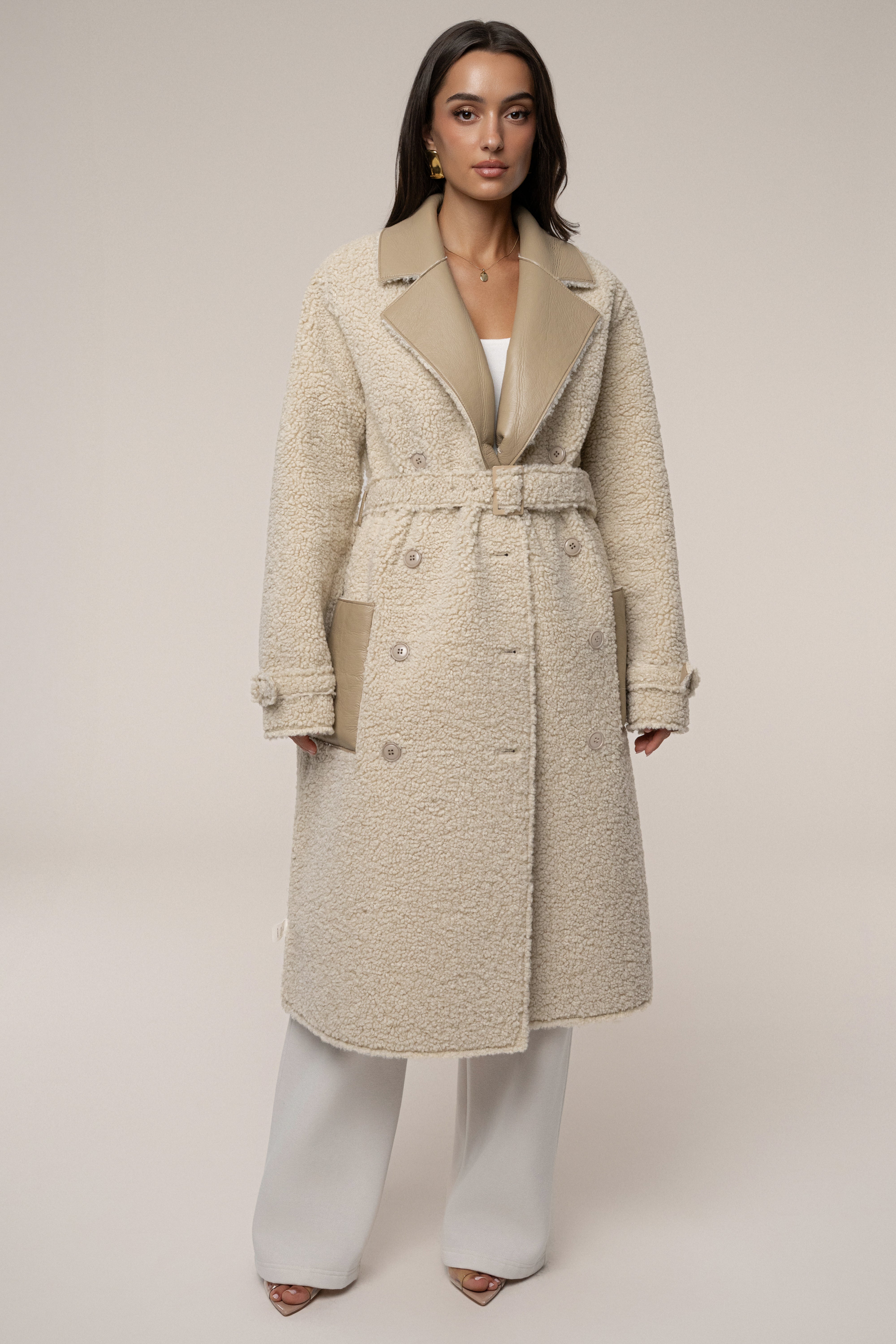 Beige/Ivory Sherpa And Faux Leather Coat