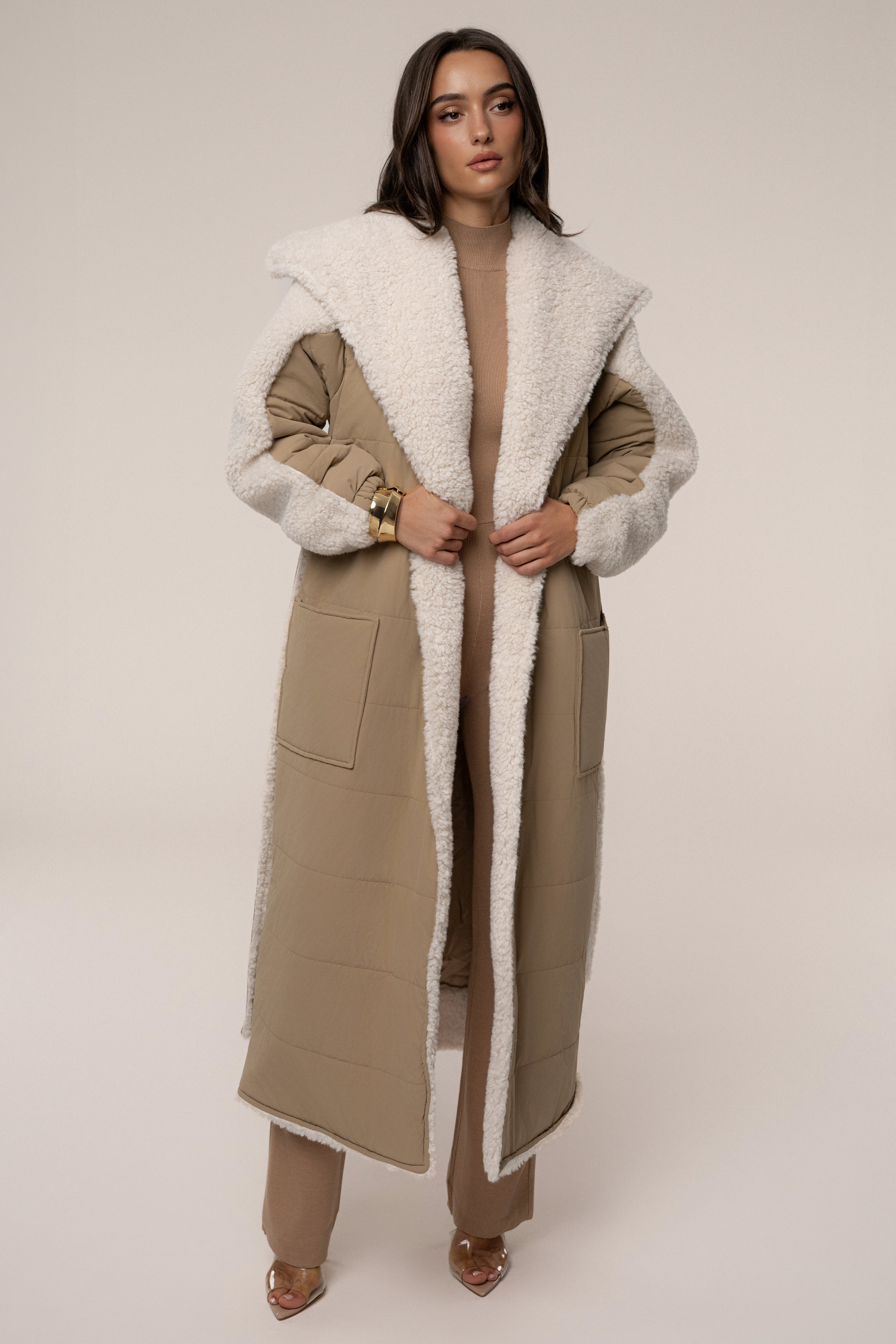 Beige/Ivory Contrast Sherpa Coat