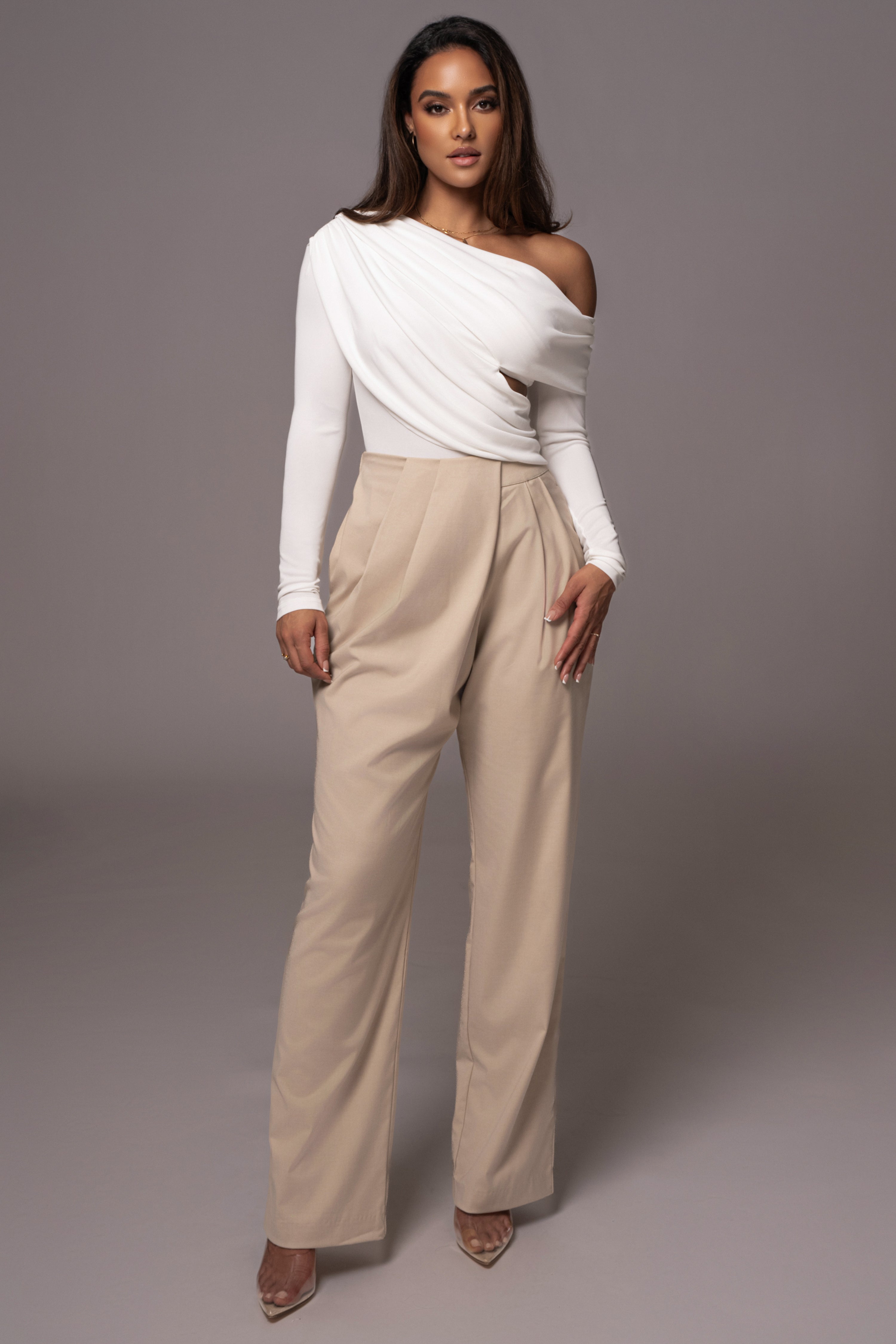 Beige Asymmetrical Draped Trousers - JLUXLABEL