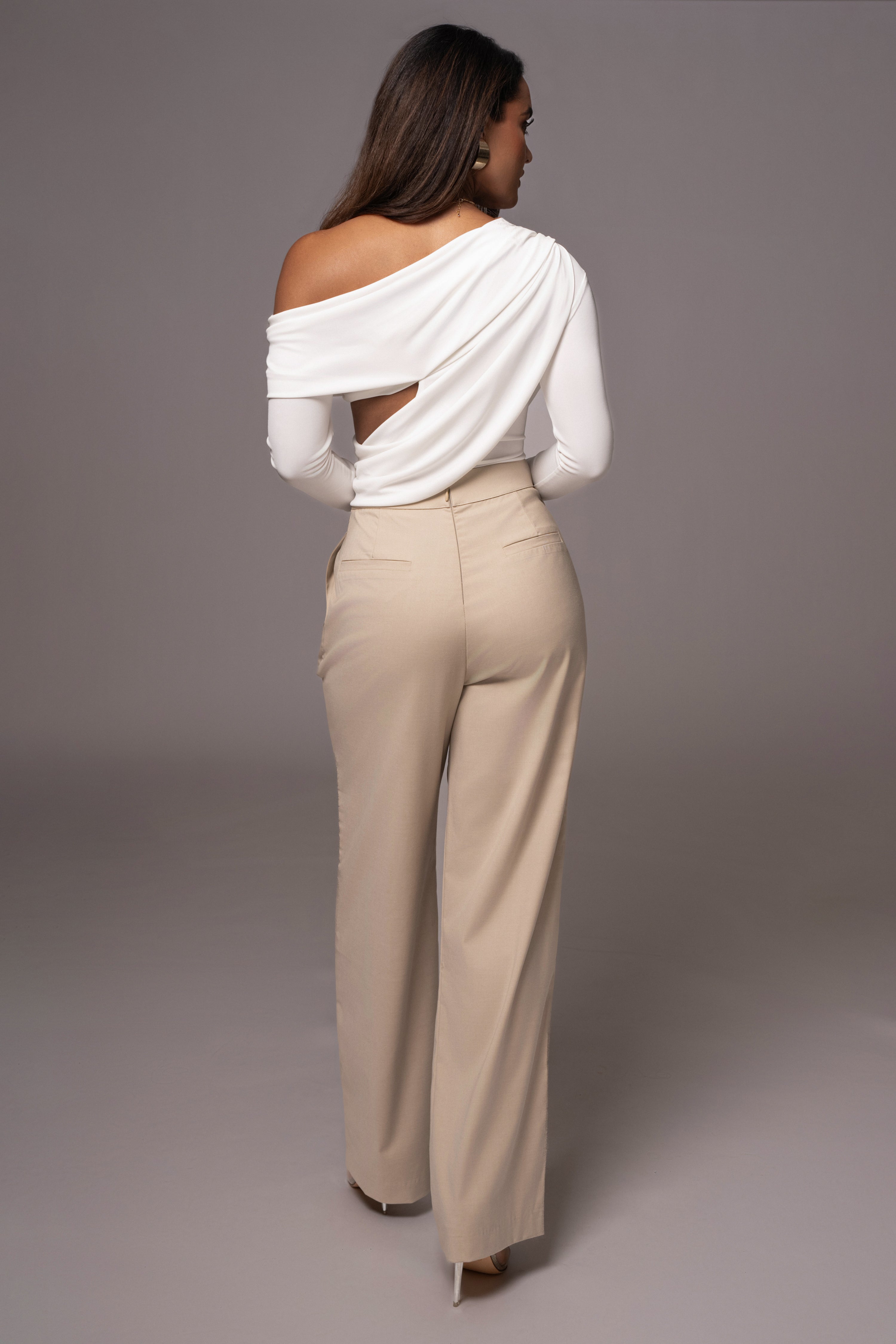 Beige Asymmetrical Draped Trousers - JLUXLABEL